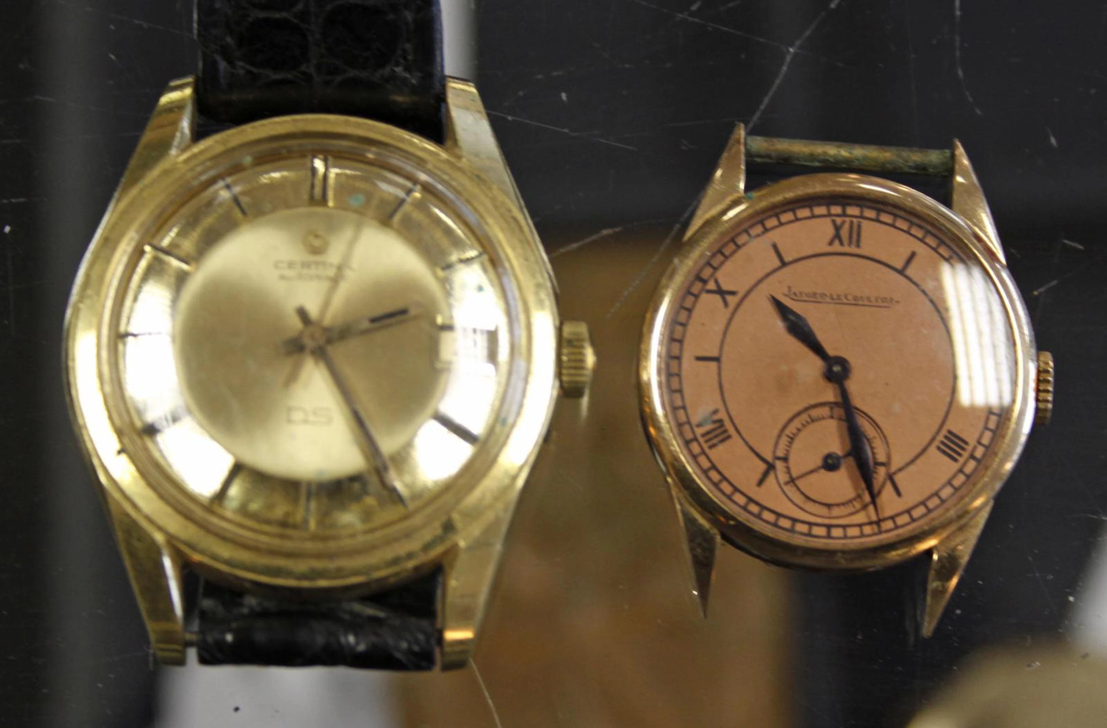 Jaeger-Le-Coultre: a gents rose gold cased wrist watch, circa 1940-1950, copper coloured dial with black chapter and seconds subsidiary together with a Certina Ds Automatic gents wrist watch, the case