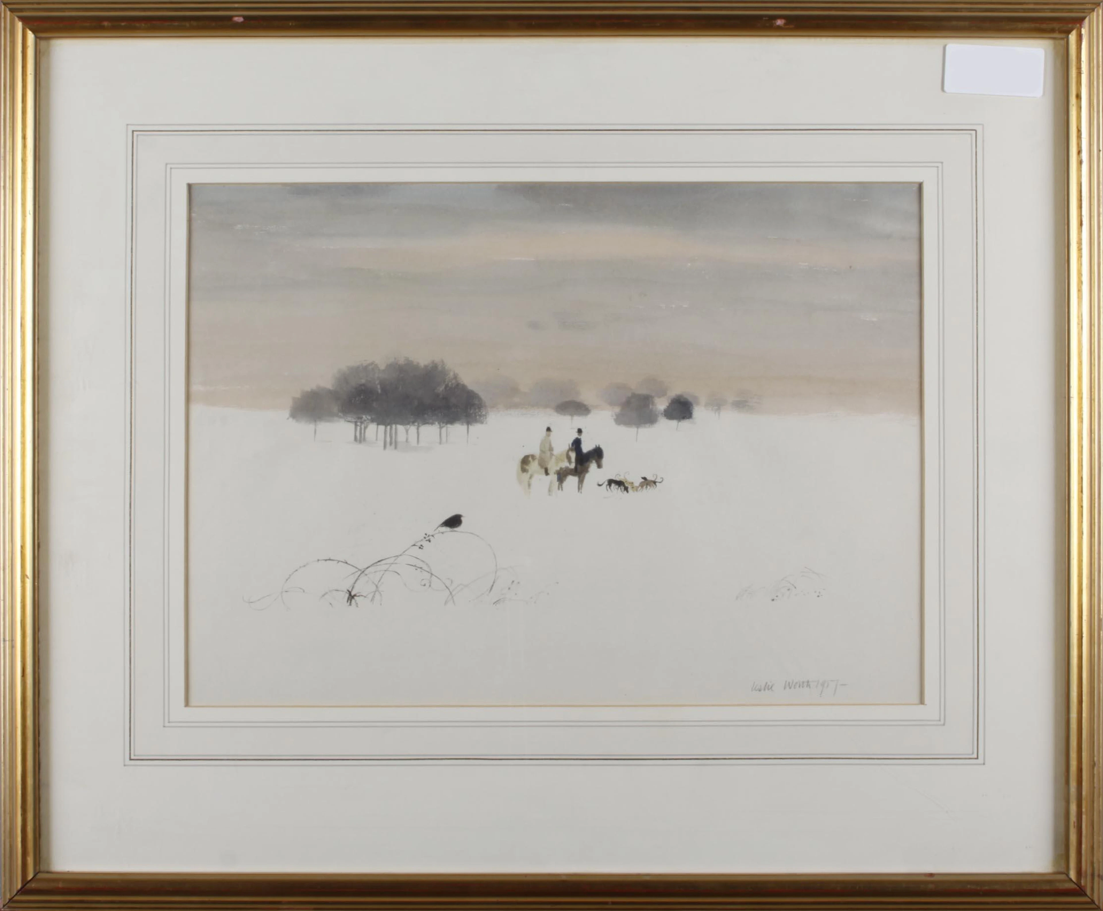 Leslie Charles Worth (British, born 1923) Riders and dogs in a winter landscape