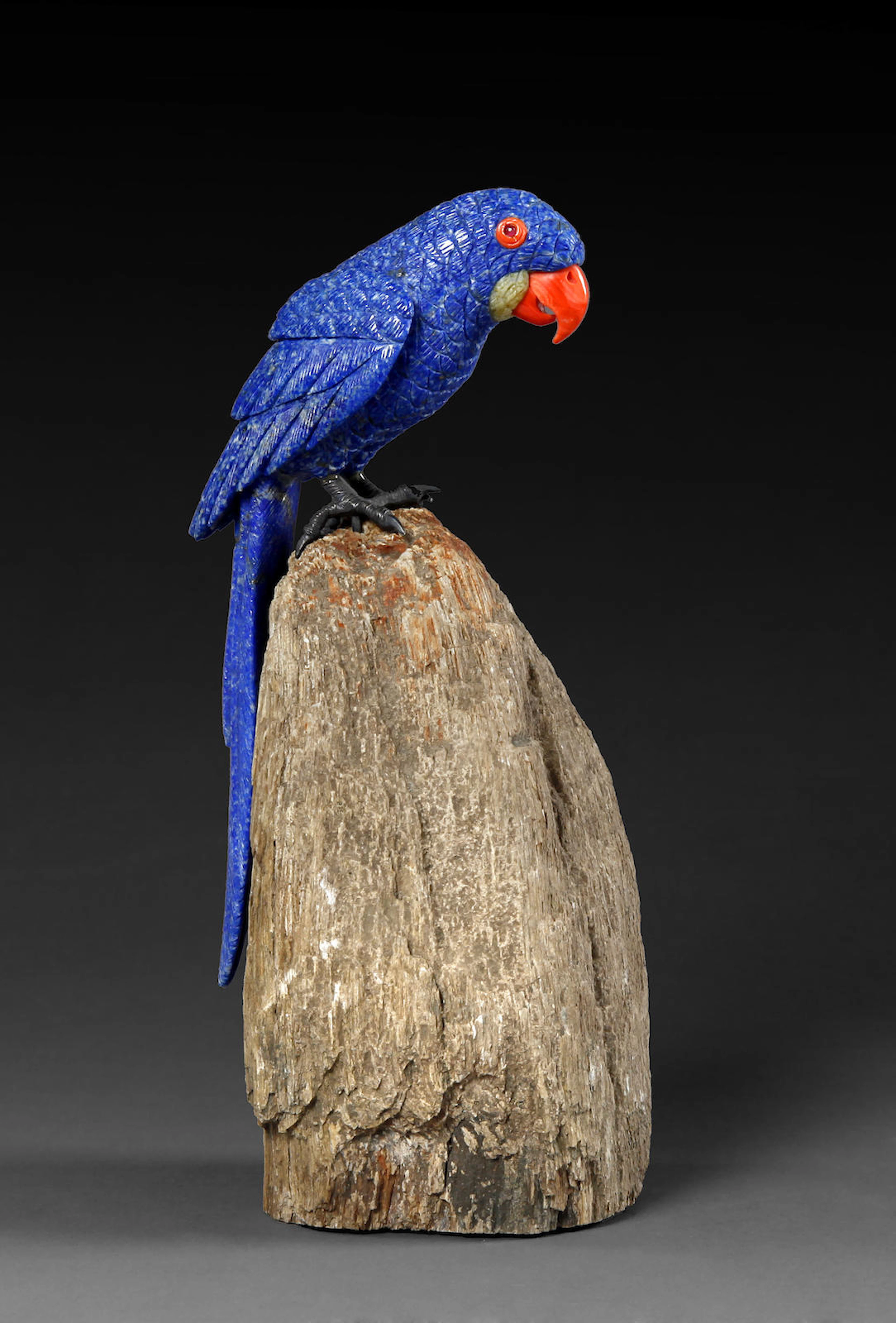 Carved Lapis Parrot on Petrified Wood
