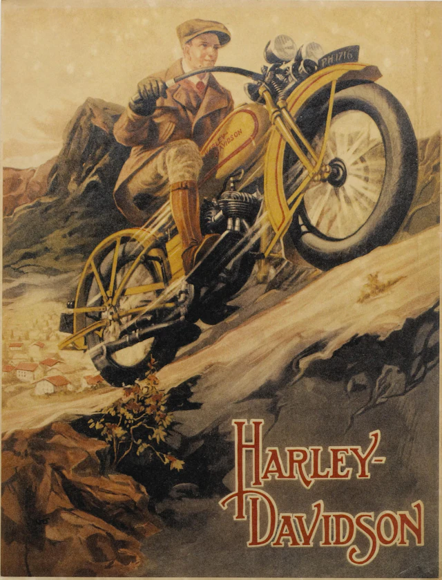 A collection of early Harley-Davidson motorcycle advertisments,