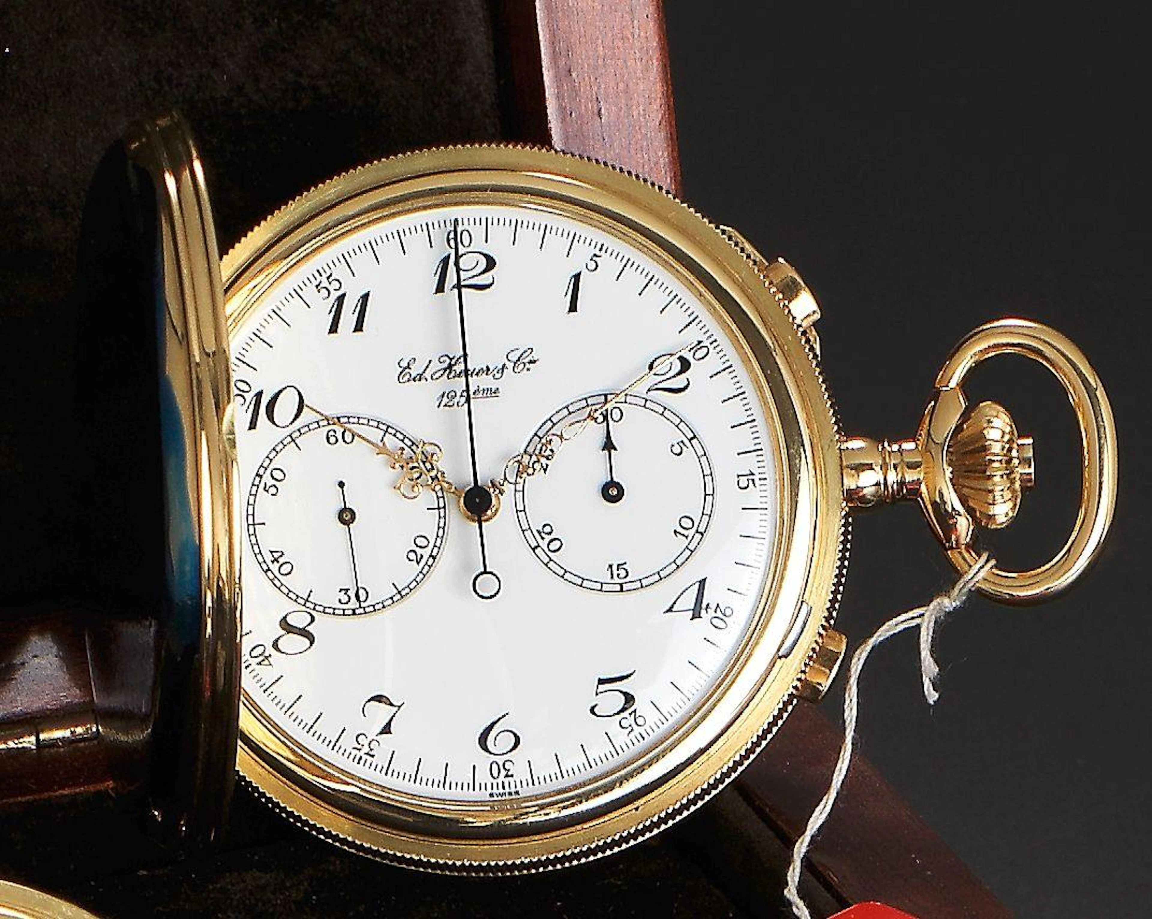 Ed. Heuer & Co. An 18ct gold keyless wind split time chronograph full hunter pocket watch with wooden presentation box No.006, 1980's