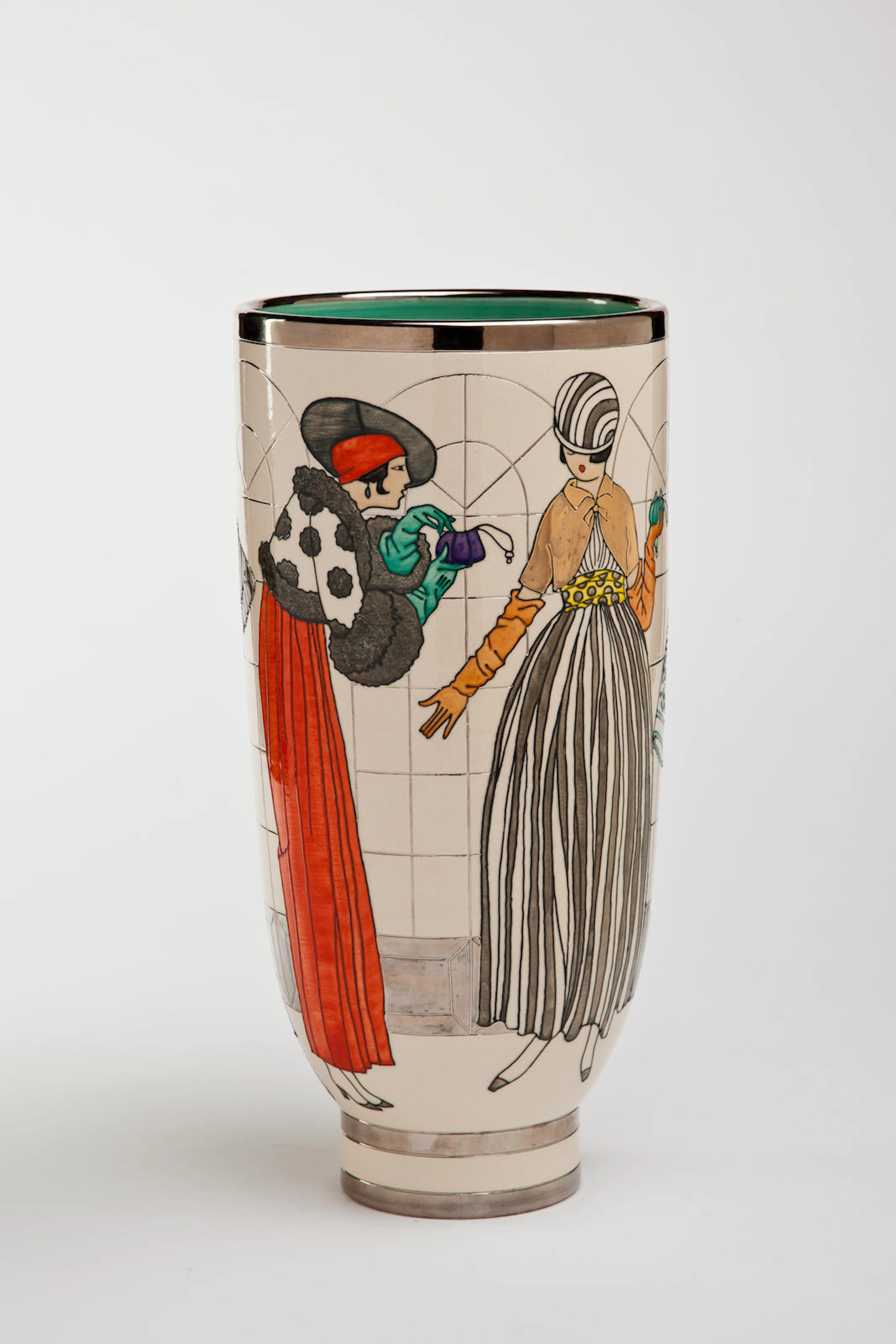 Sally Tuffin for Dennis Chinaworks 'Spring Shoppers' A Silver and Gold lustred Deco Vase, 2011