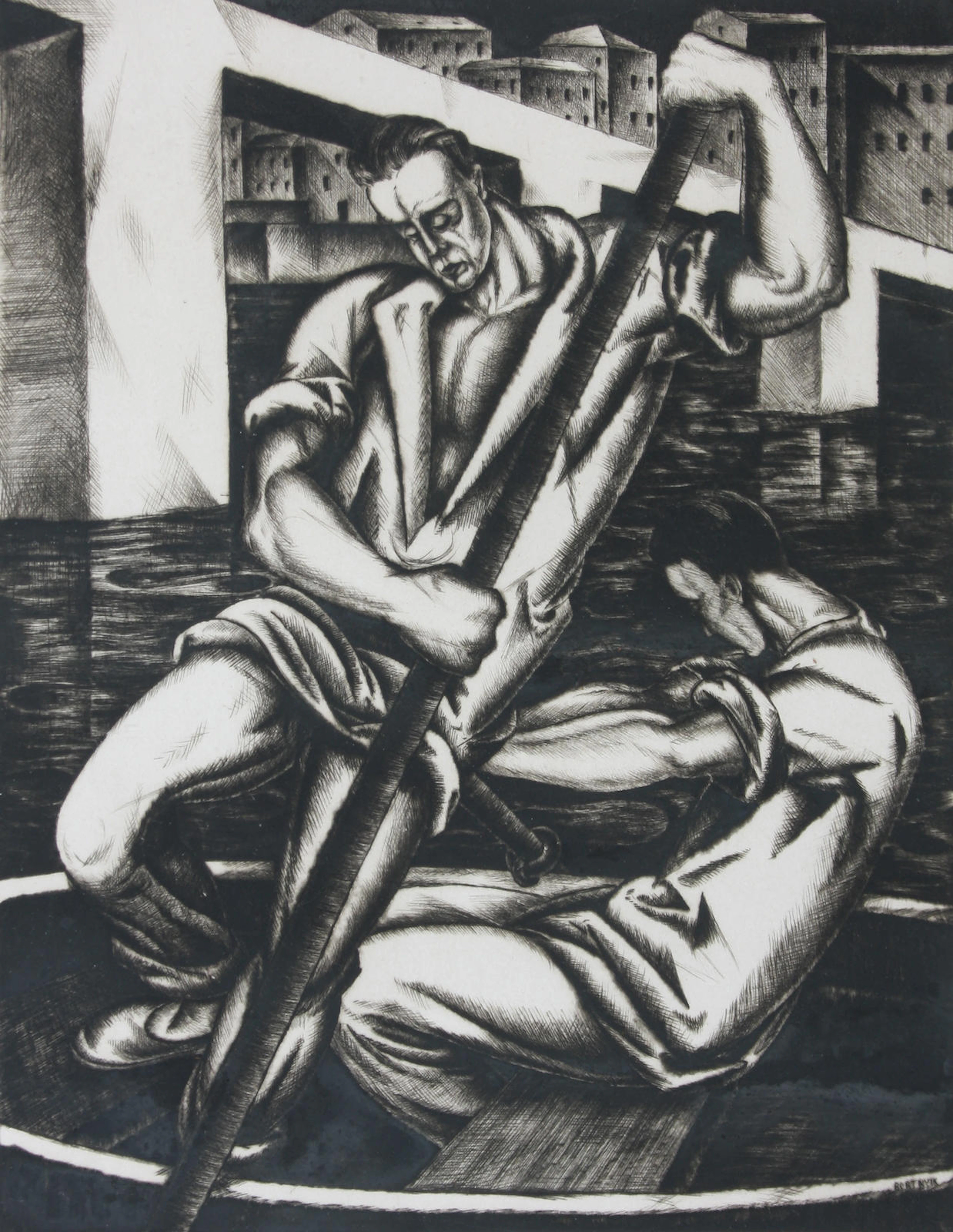 Two men rowing a boat