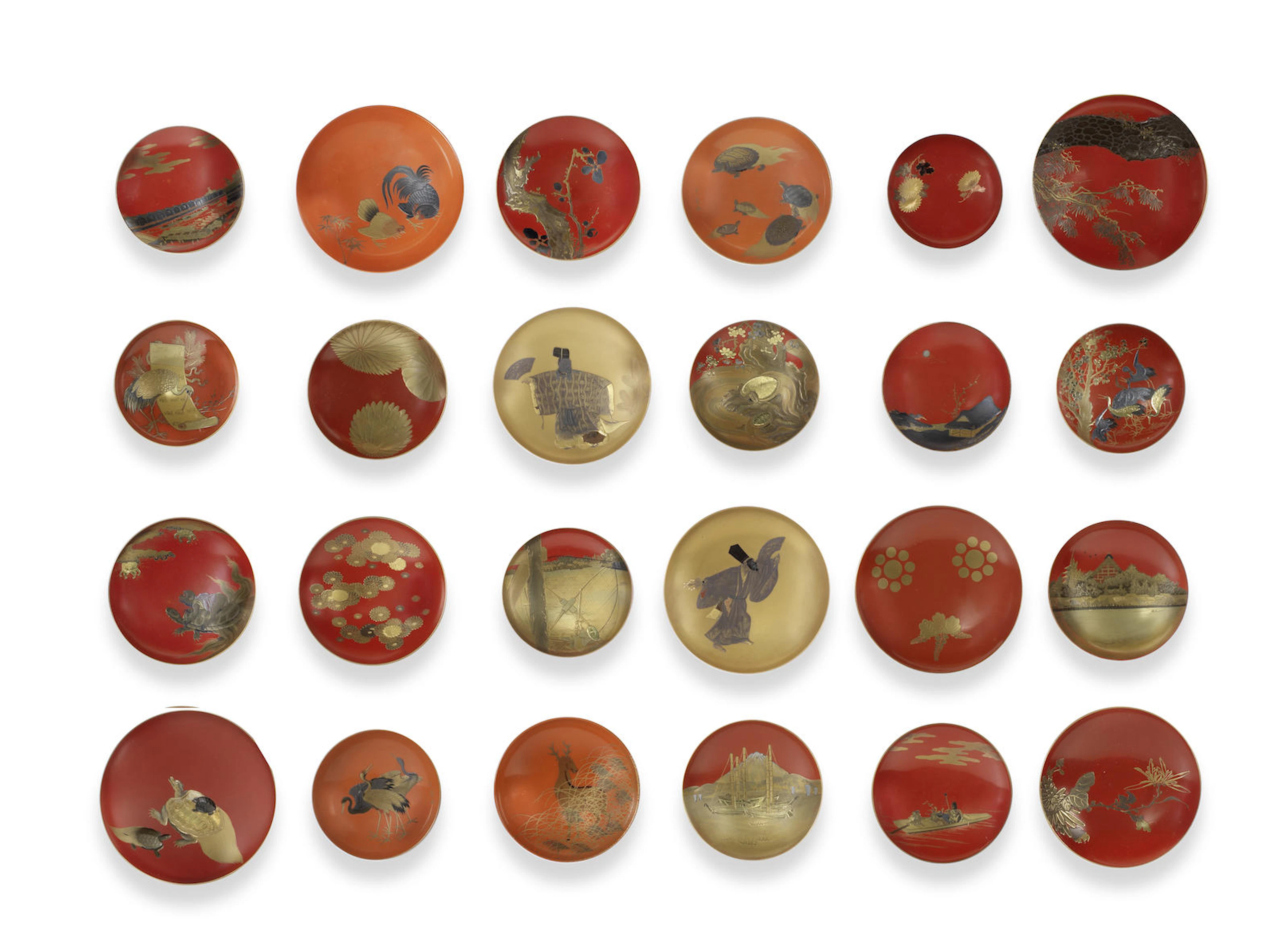 Twenty-five various lacquer sakazuki (sake cups) Late 19th century