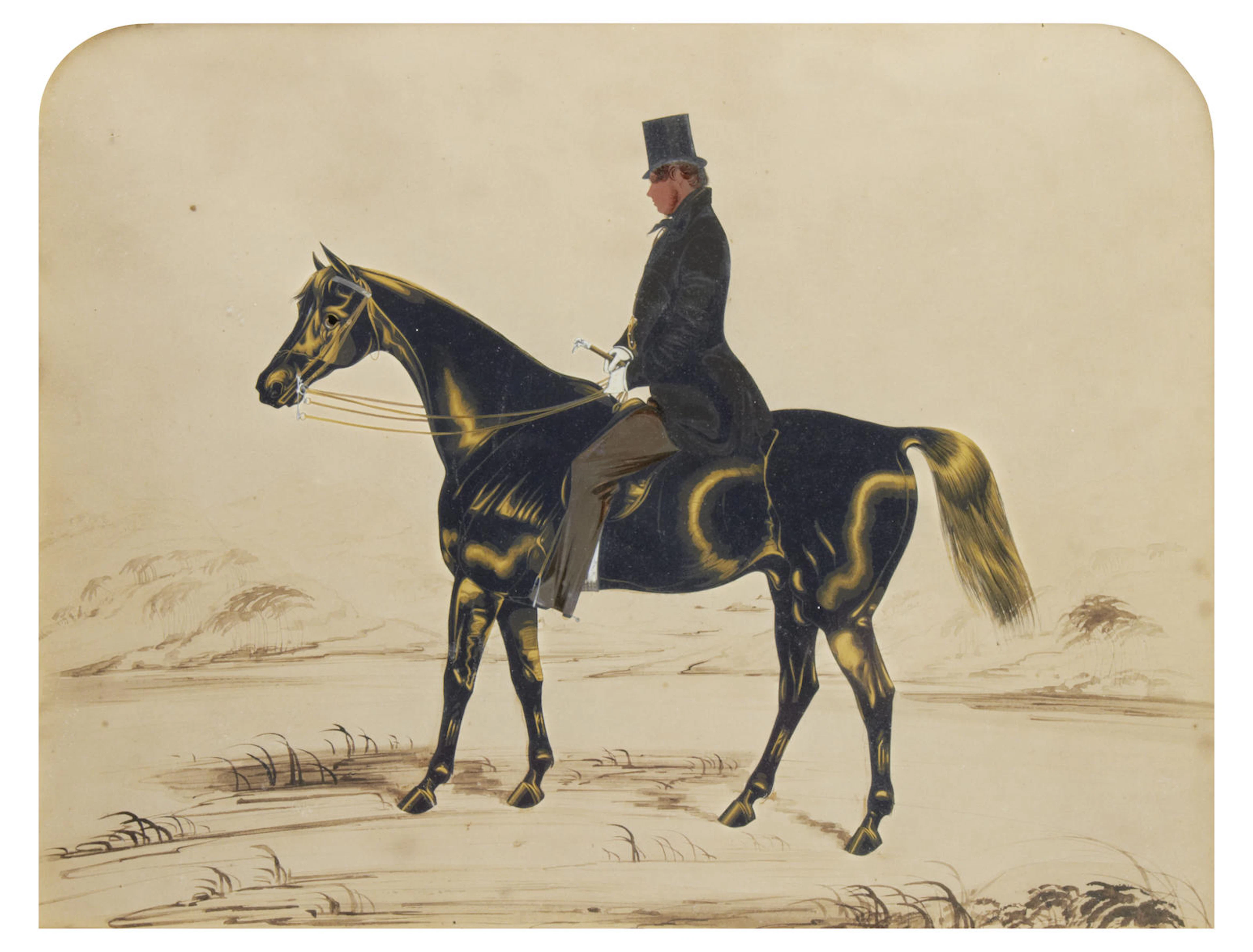 A full-length silhouette of a Gentleman on horseback, profile to the left, wearing brown trousers and waistcoat, gold watch chain, black riding coat, white chemise, black stock and tie, white gloves a