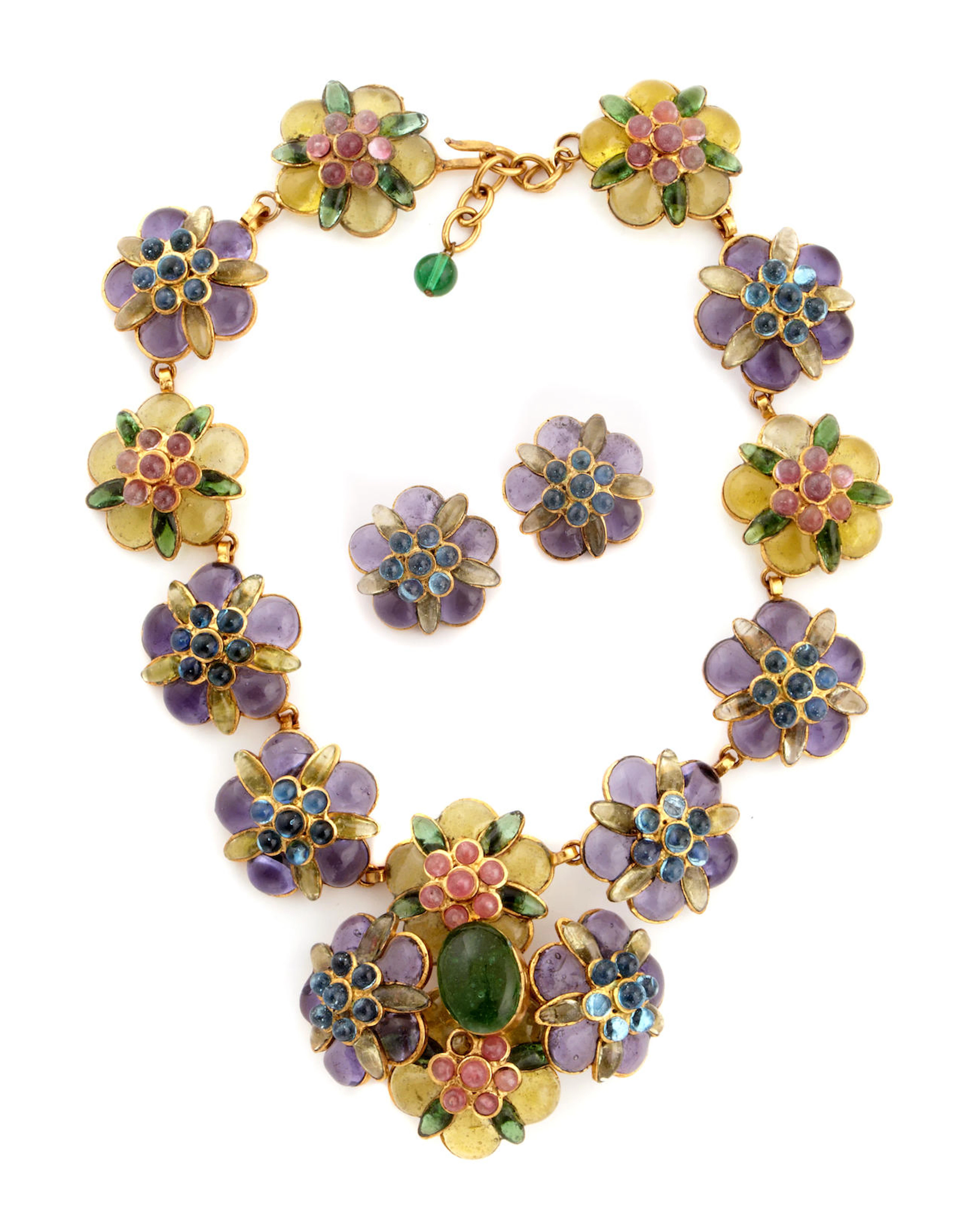 A Chanel multicolored floral necklace and matching pair of earclips