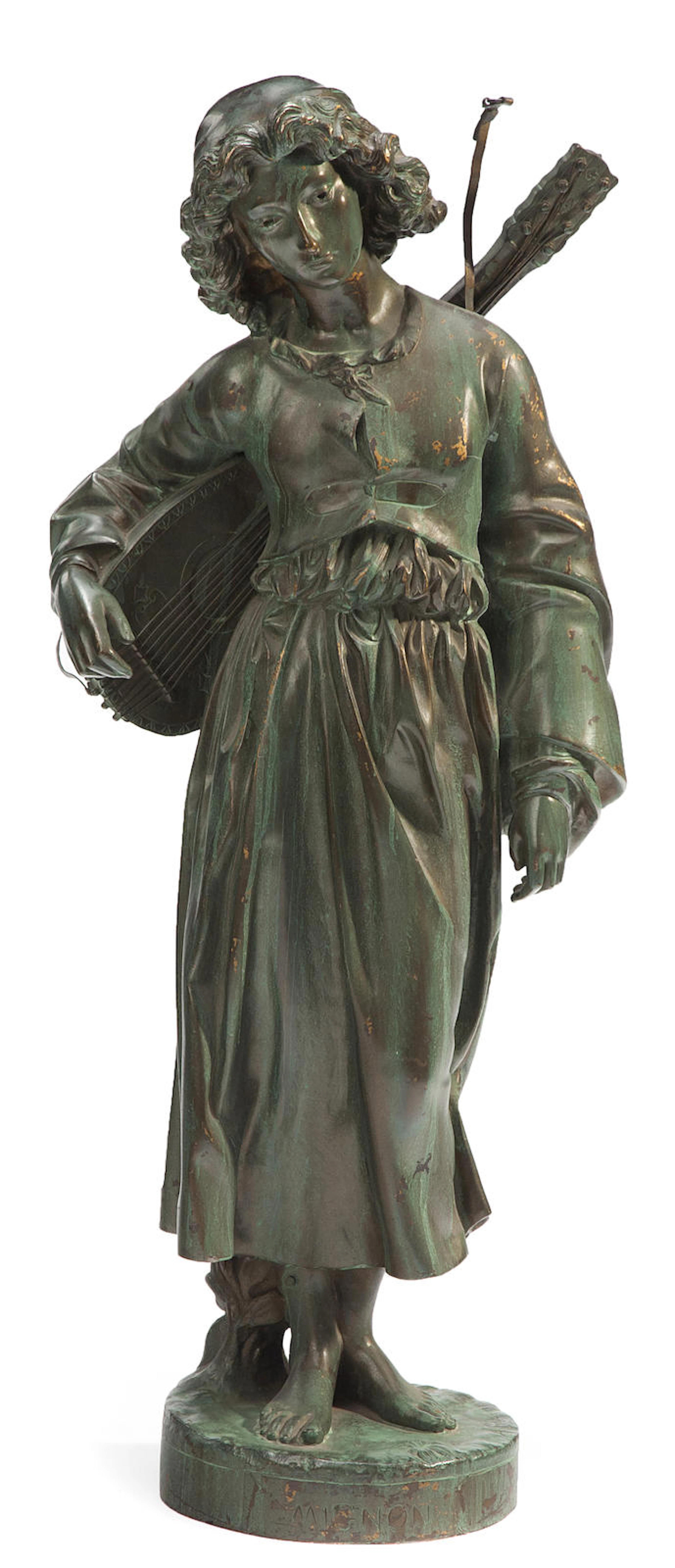 A French patinated bronze figure of a minstrel carrying a lute