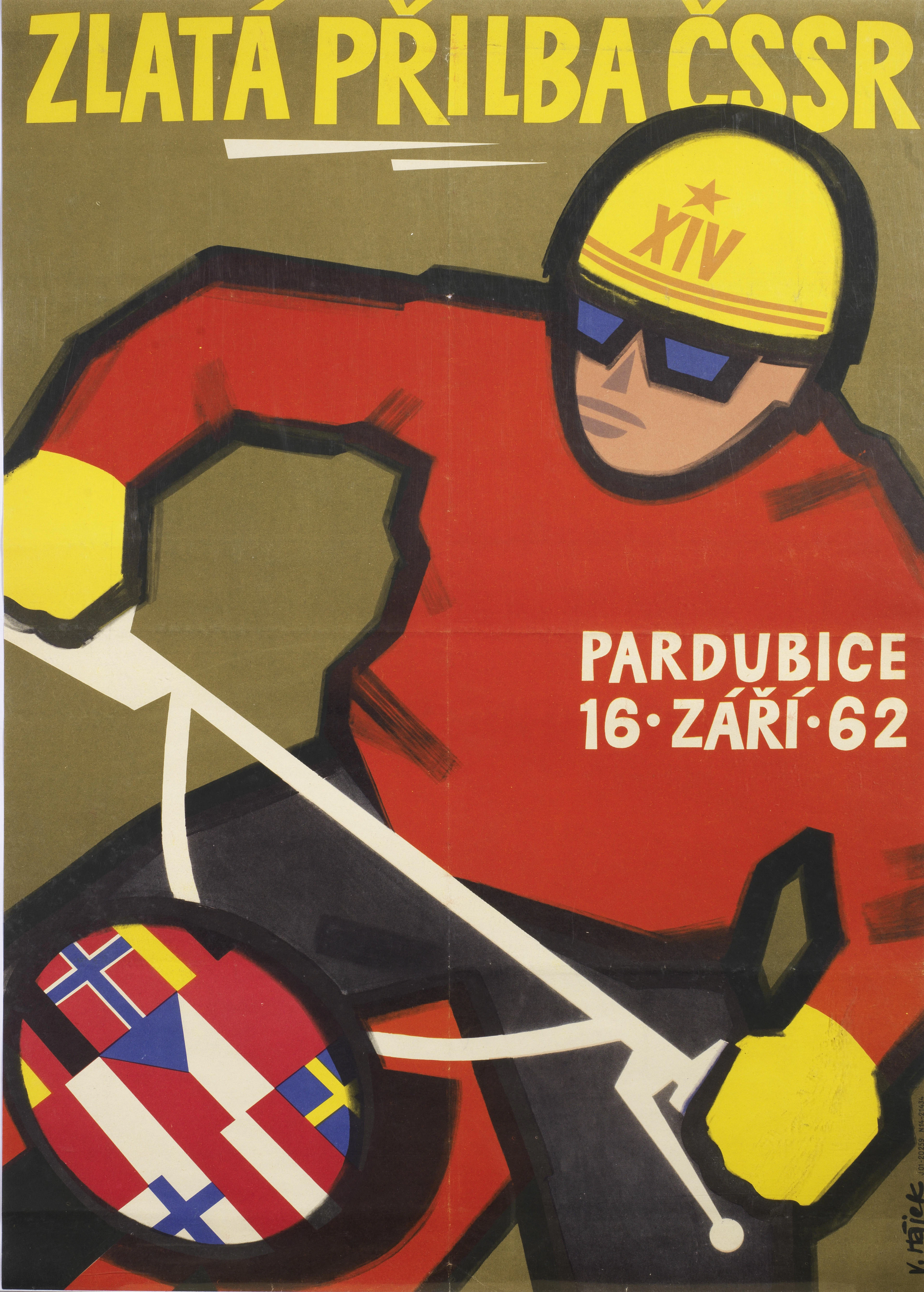 A 1962 Czechoslovakian "Golden Helmet" international motocross race poster,