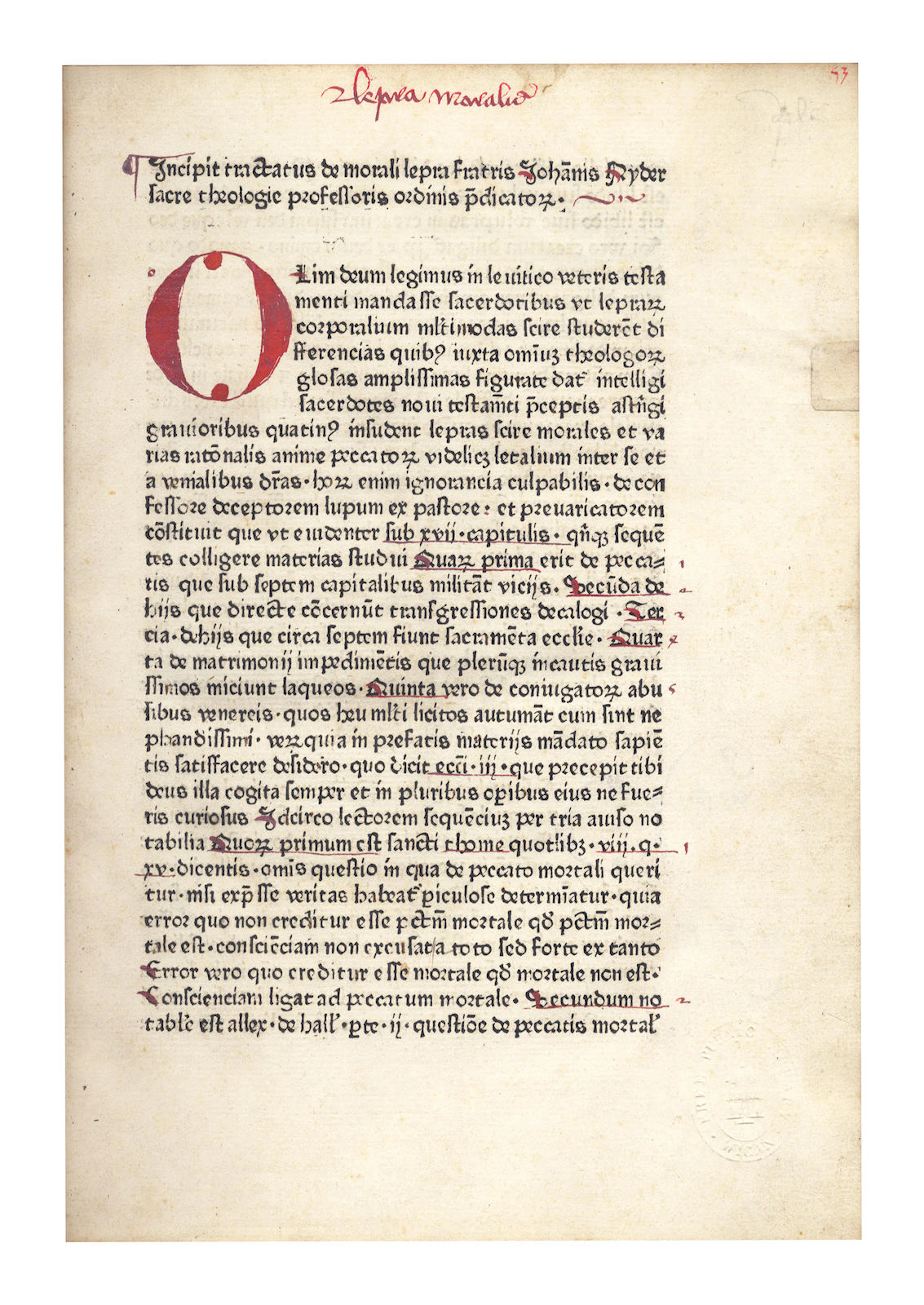 NIDER (JOHANNES) De morali lepra, not after 1475