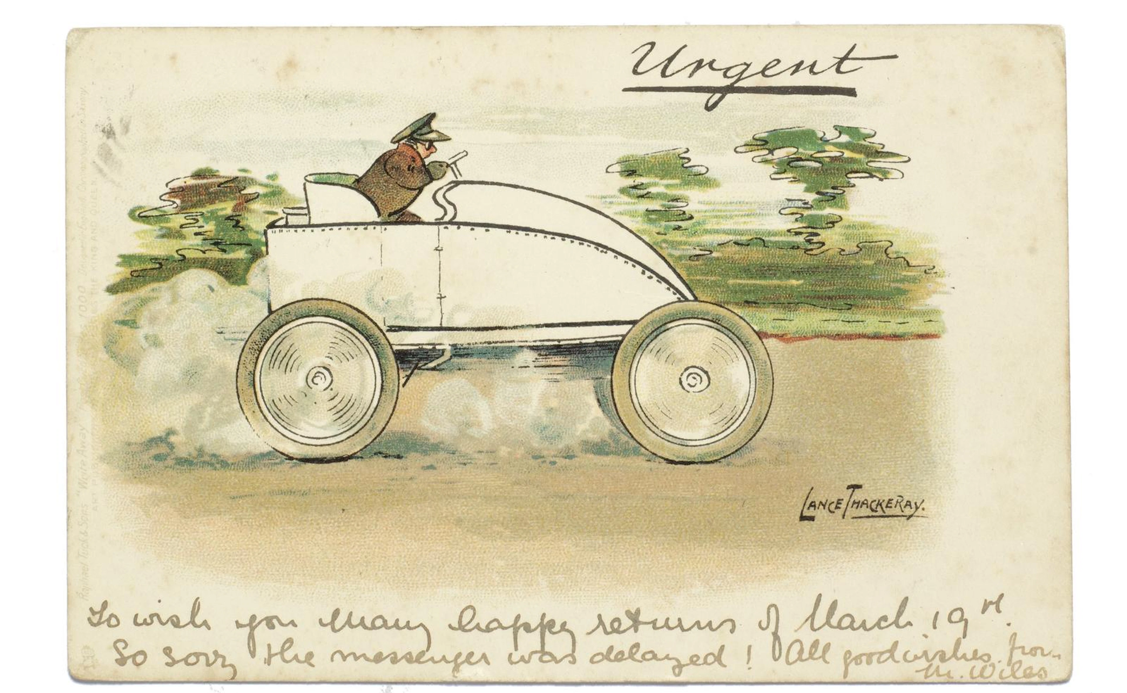 An Urgent postcard depicting a speeding Gardiner-Serpollet inspired car, artwork by Lance Thackeray,