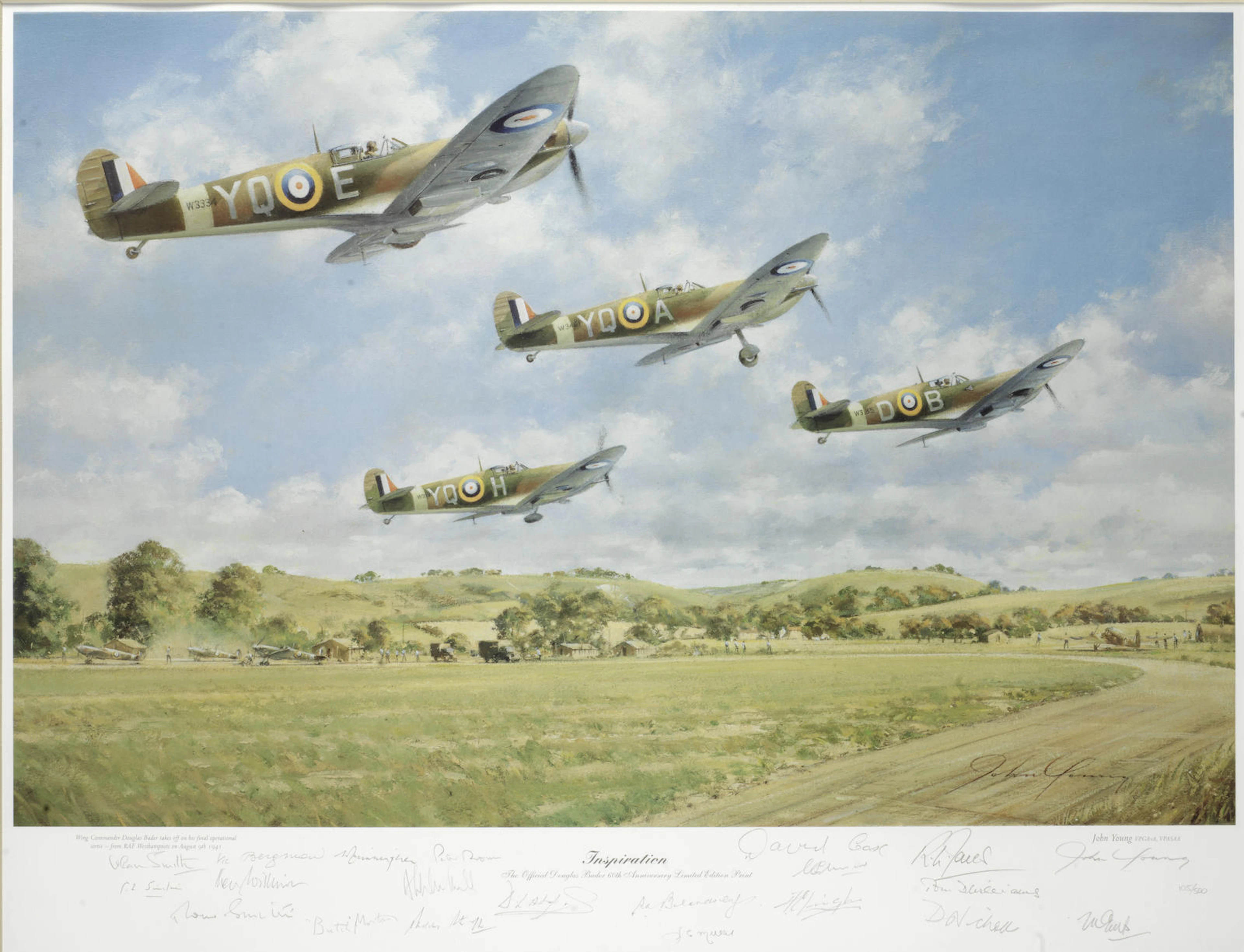 'Inspiration', a Douglas Bader commemorative limited edition print after John Young, signed by twenty RAF pilots,