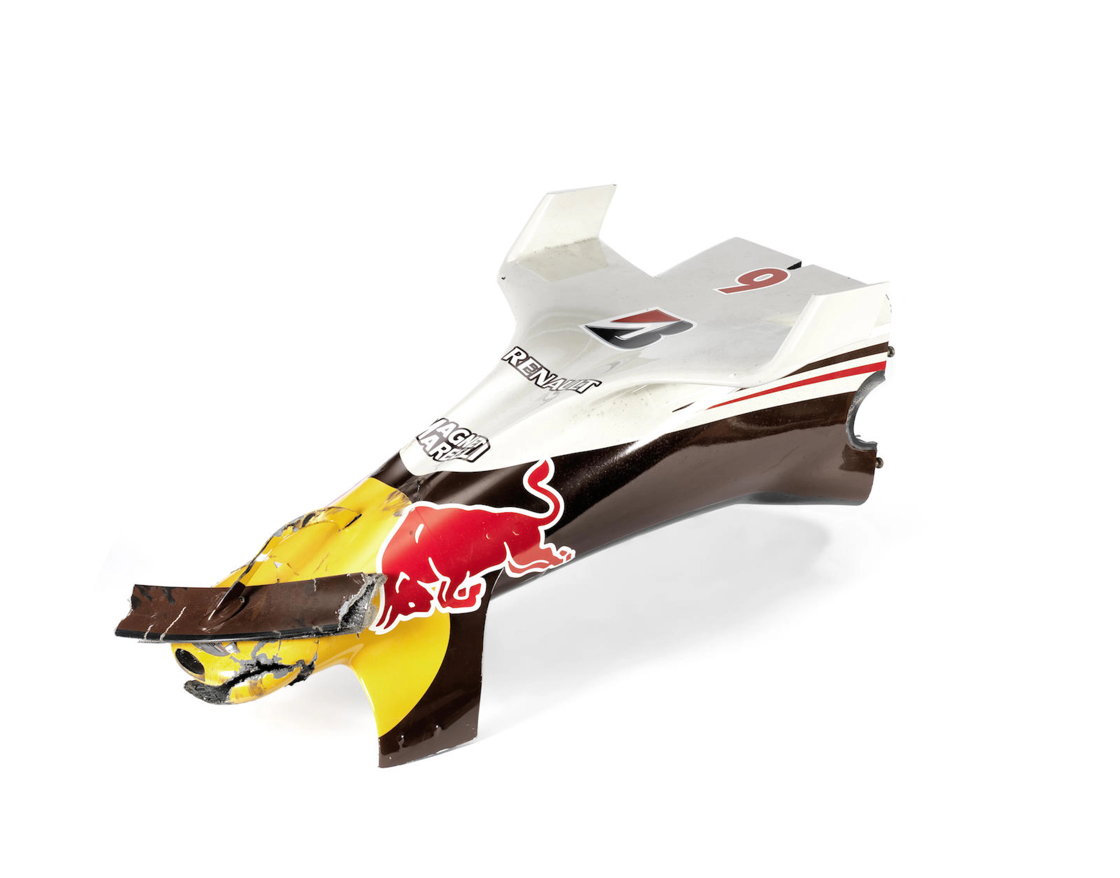 A nose-cone from the Red Bull Racing RB4 'Wings for Life' car, David Coulthard's last F1 race, Brazilian Grand Prix 2008,
