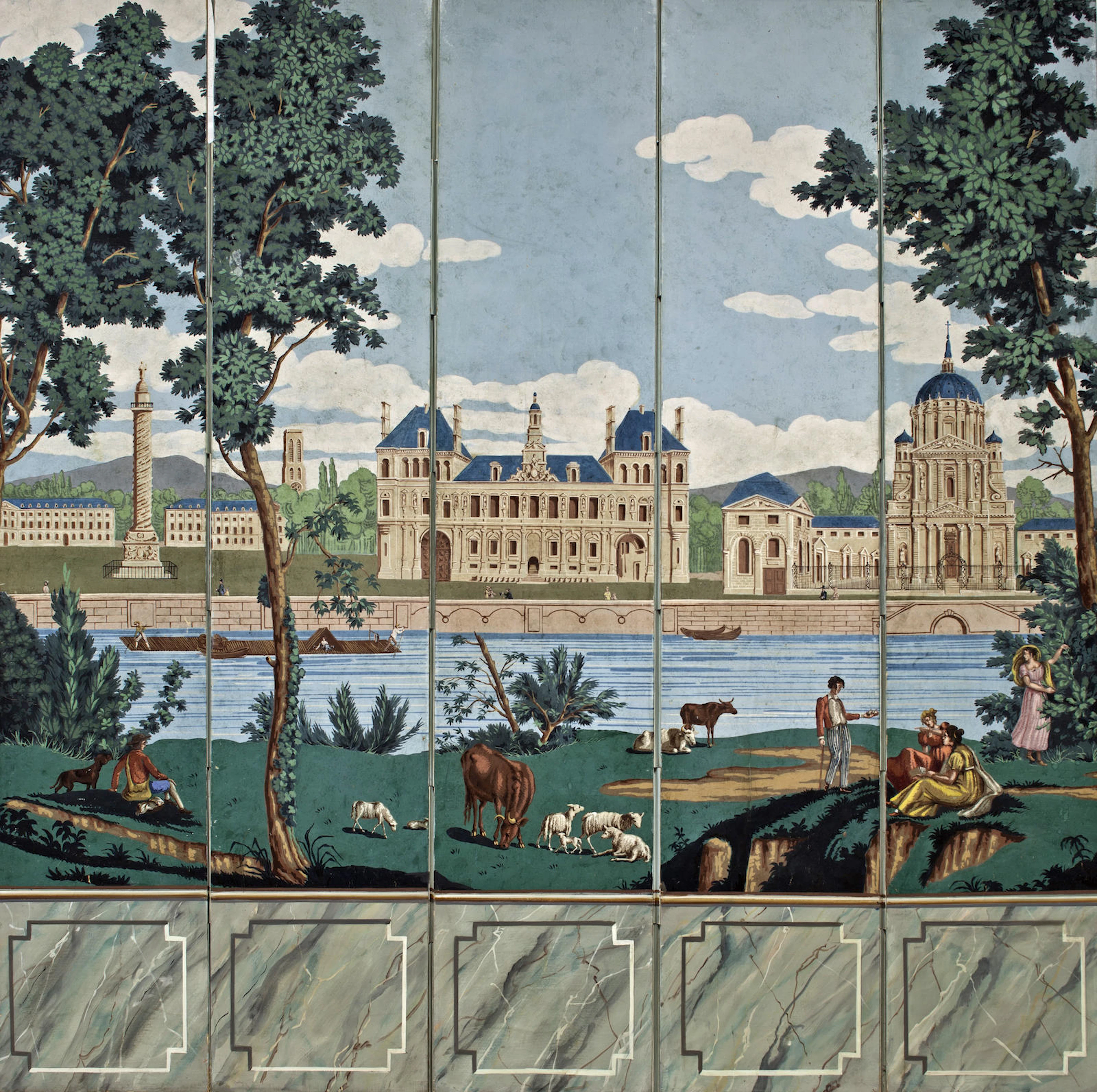 A French five-panel wallpaper screen, "Les Monuments de Paris"after a design by Jean Broc, Dufour and Leroy manufacturer