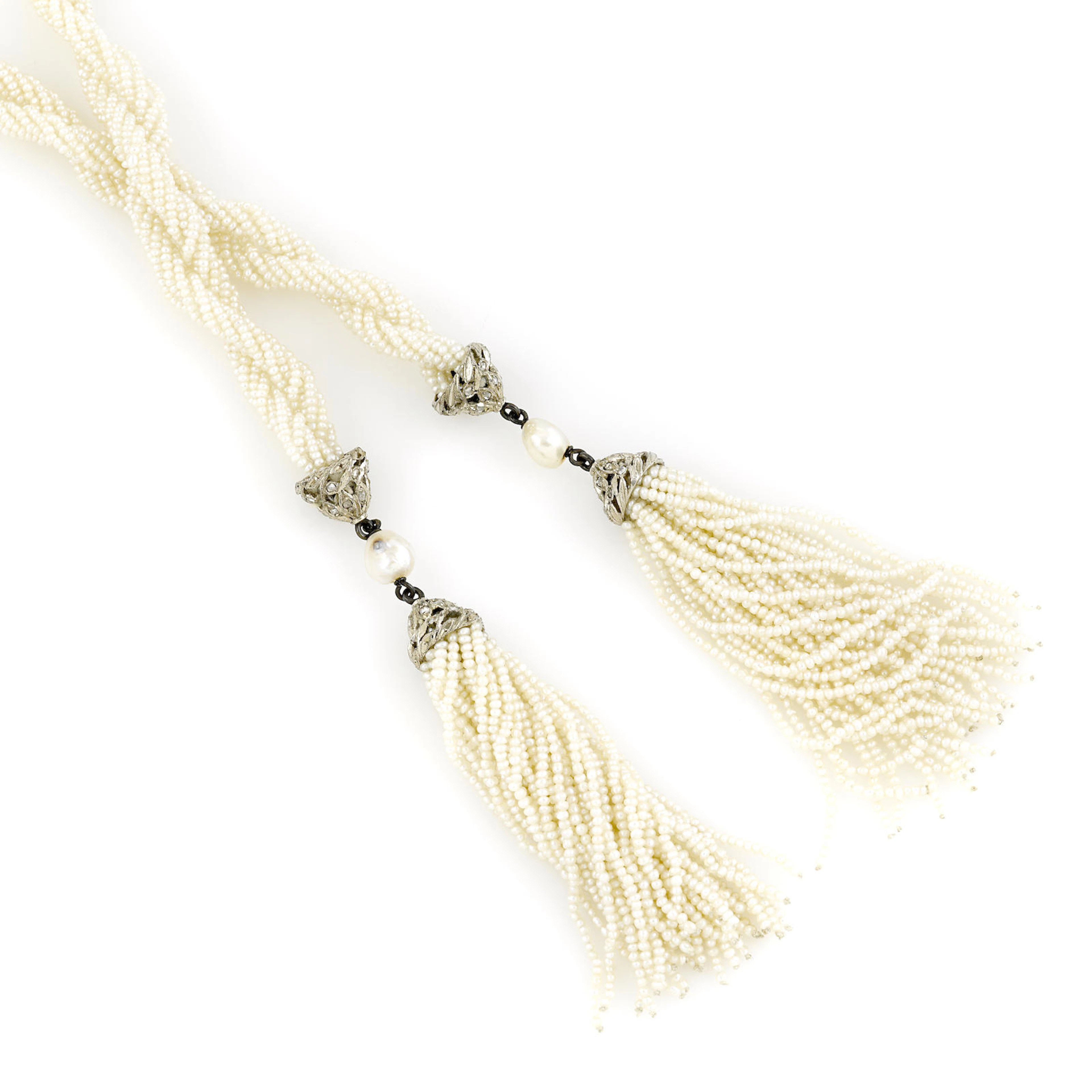 A seed pearl and diamond twisted sautoir necklace