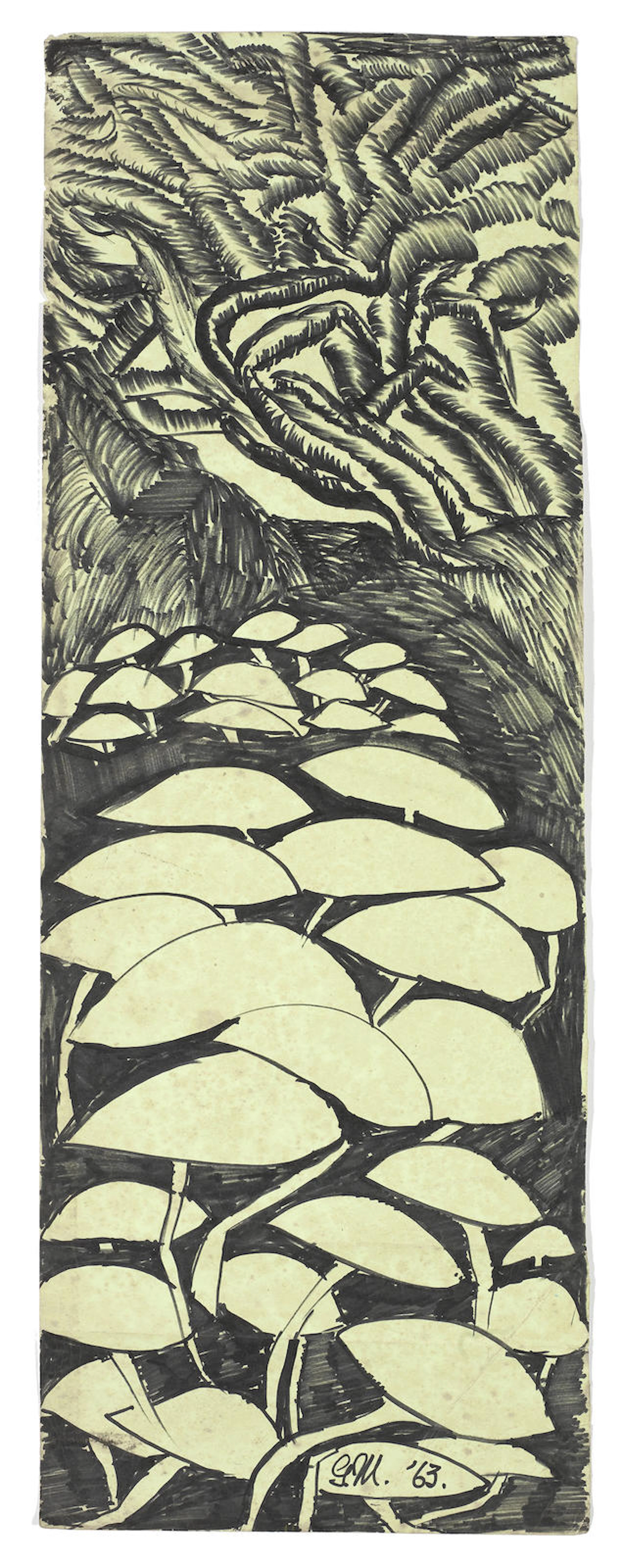 Three ink drawings including 'Mushrooms', one includes a sketch of a woman in a hut (to verso)
