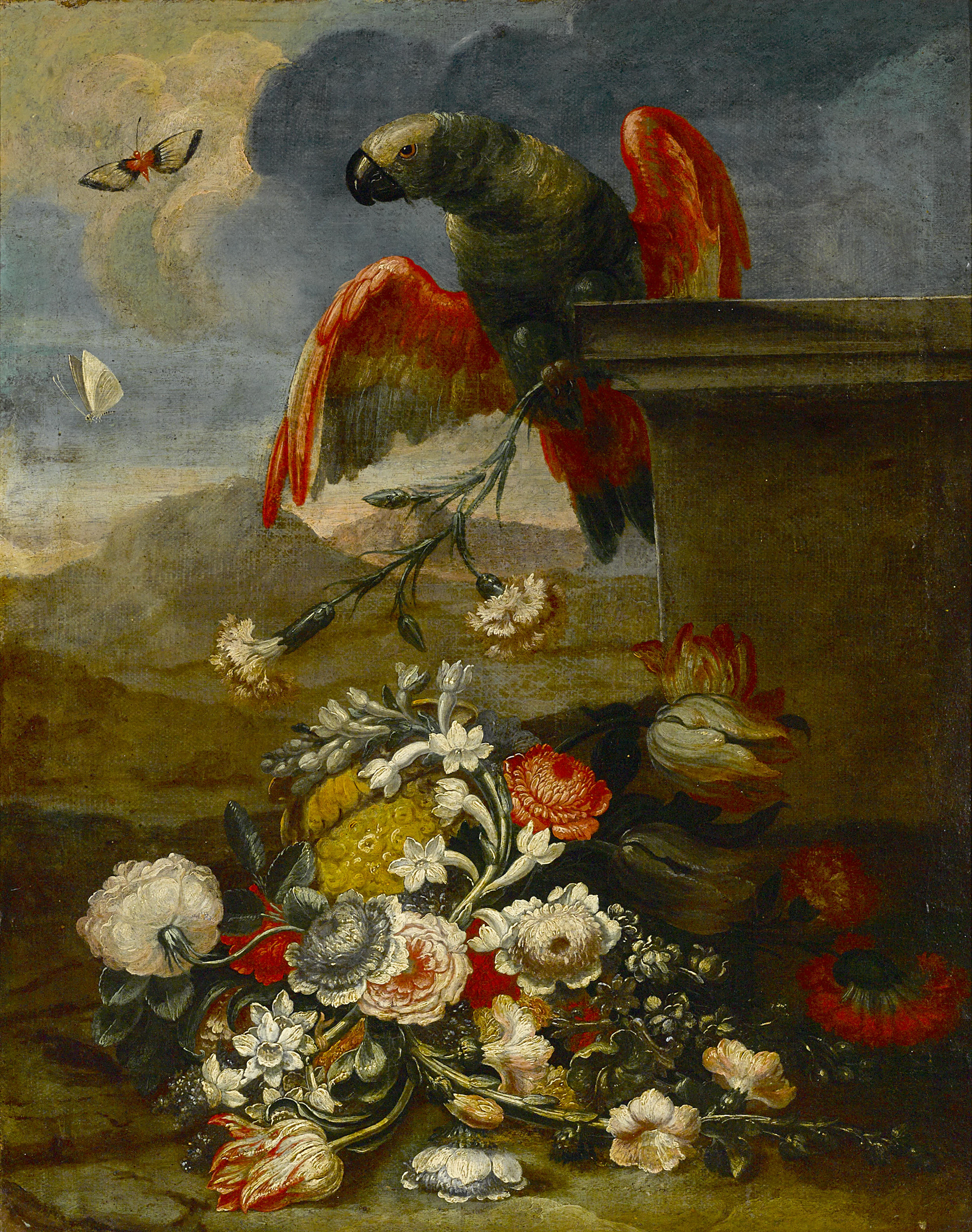 A parrot on a ledge with a still life of flowers beneath