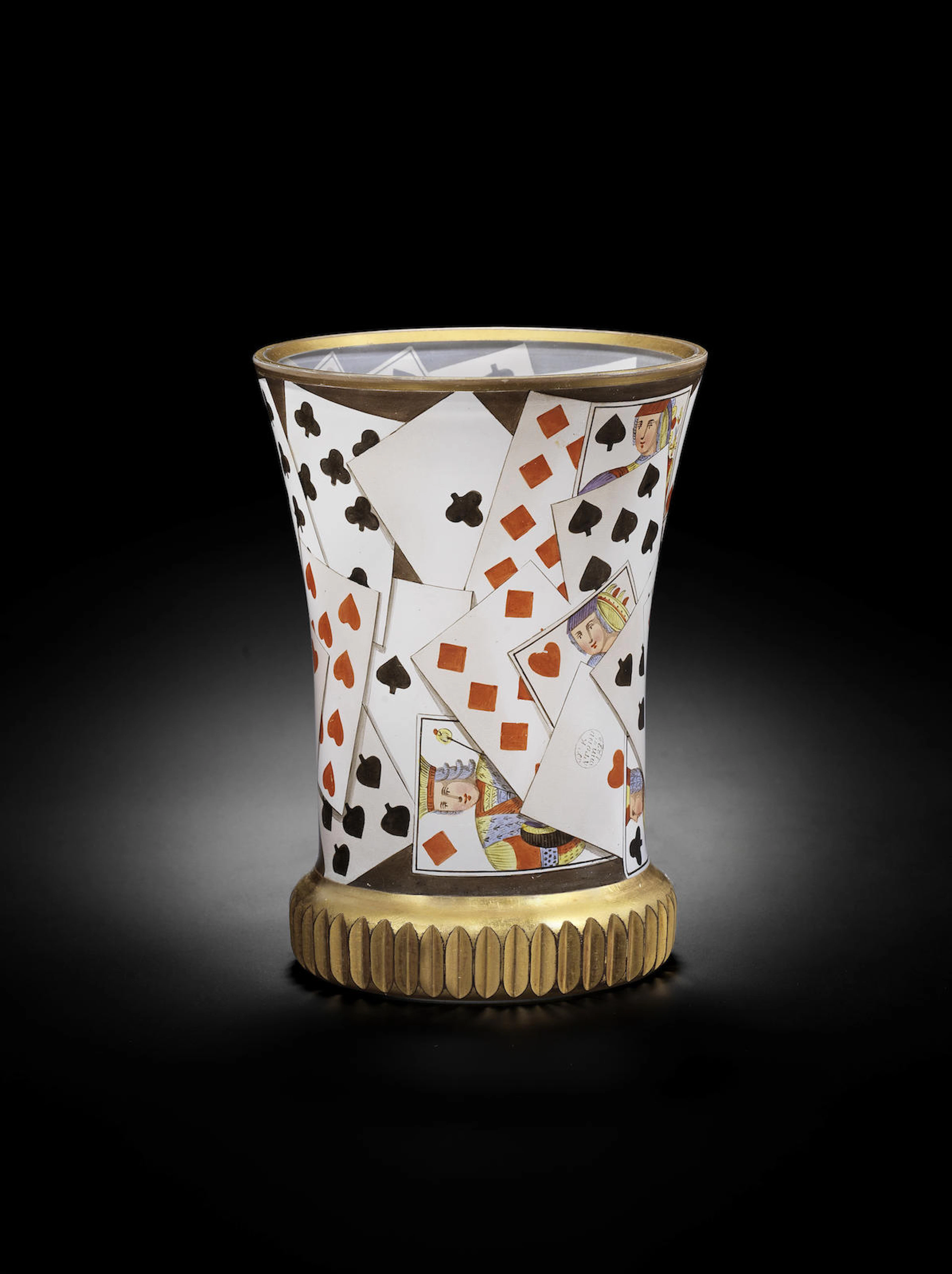 A Vienna transparent-enamelled and gilt Ranftbecher with playing cards, by Anton Kothgasser, circa 1825-30