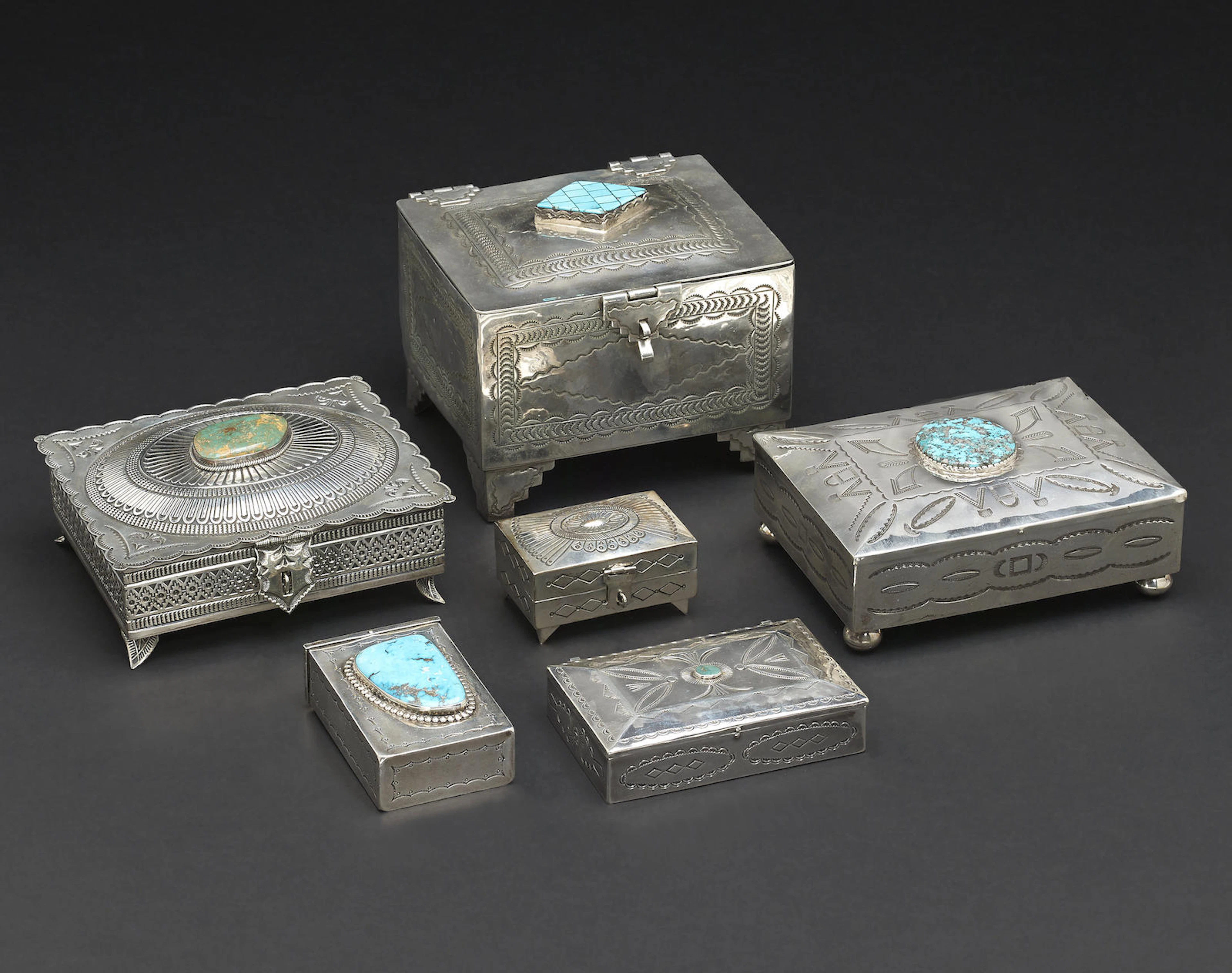 Six Navajo silver boxes