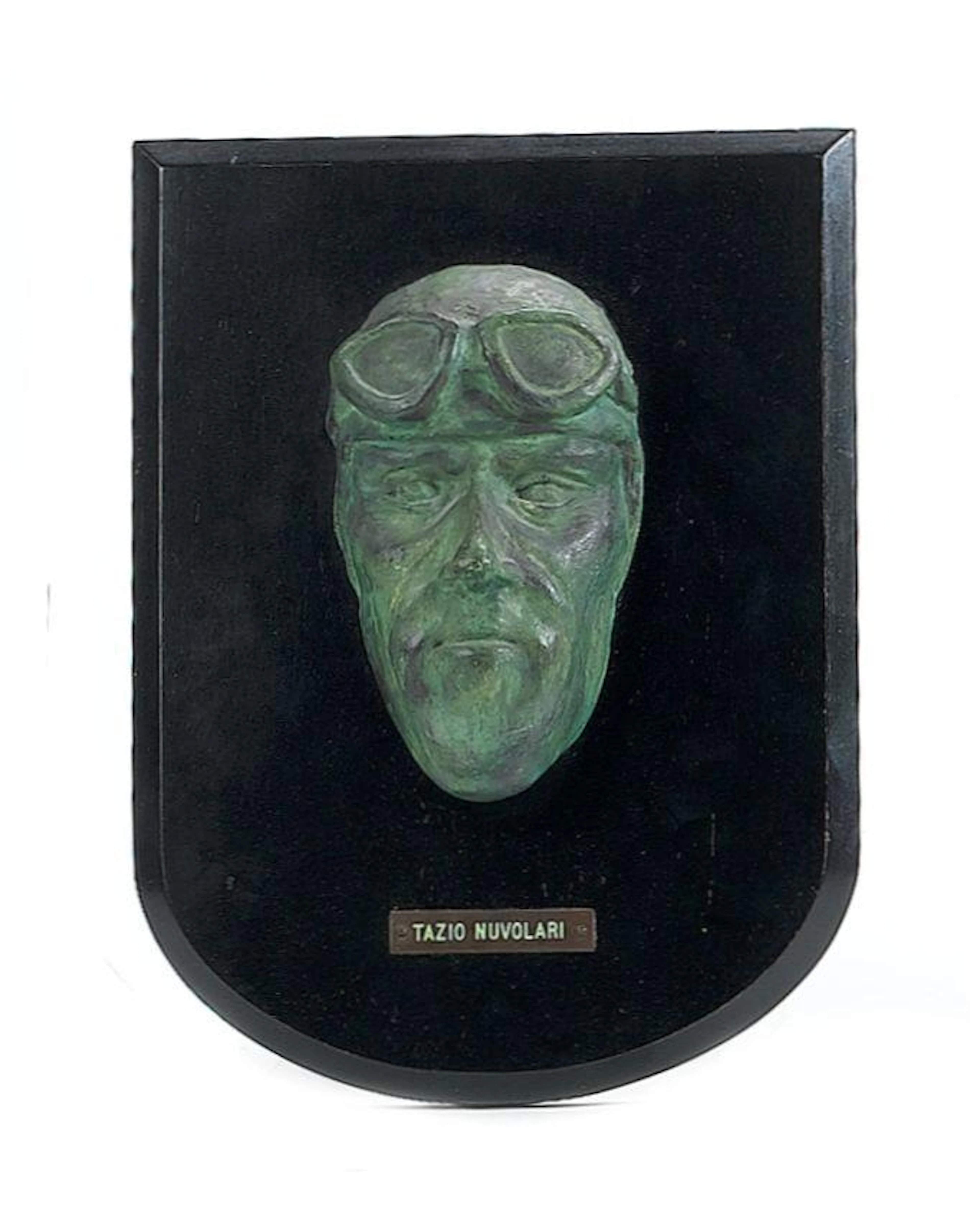A cast bronze mask sculpture of Tazio Nuvolari,