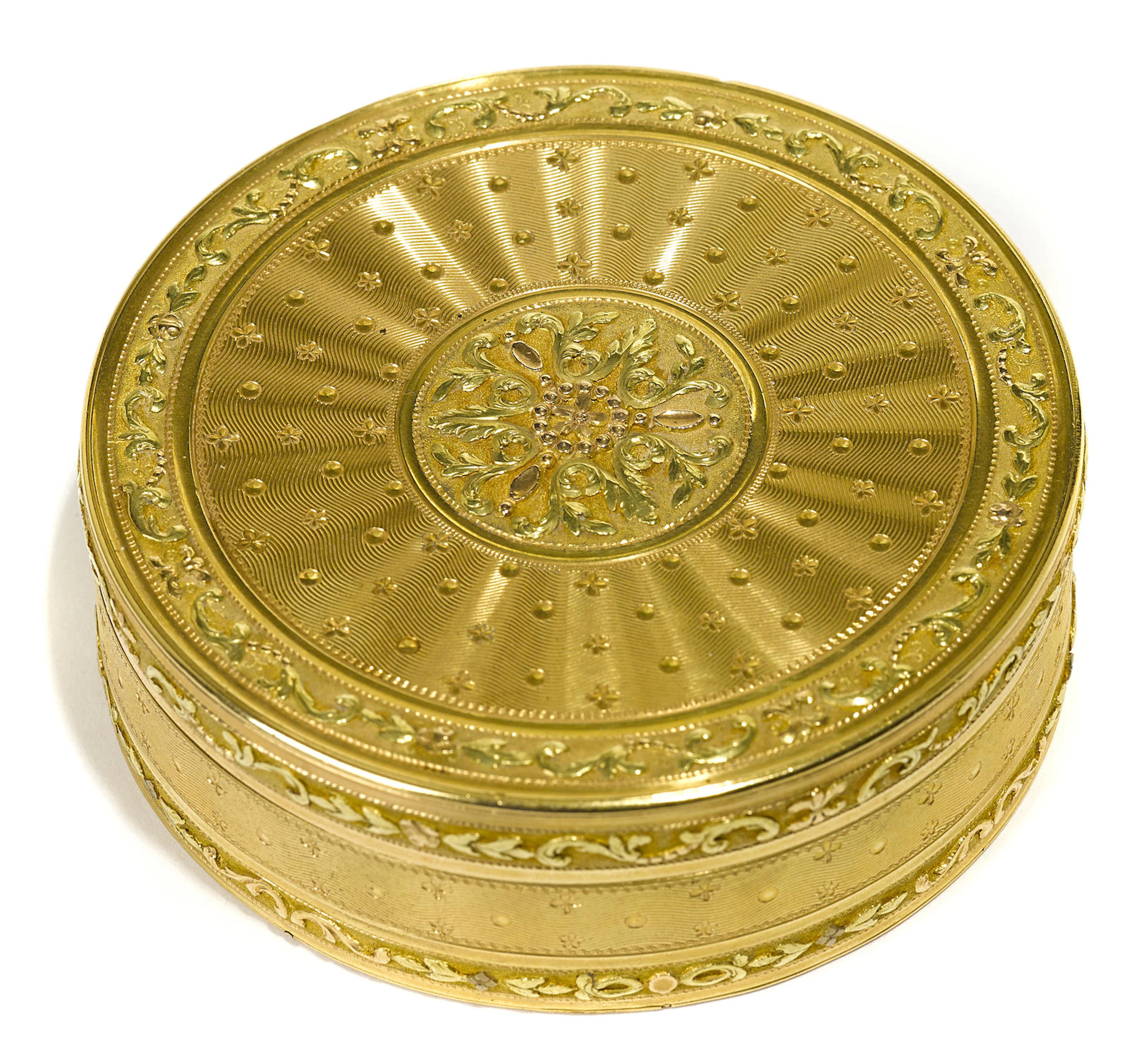 A Louis XVI vari-colored gold circular bonbonniere by Pierre-Lucien Joitteau, Paris, 1783, with later French control marks to flange