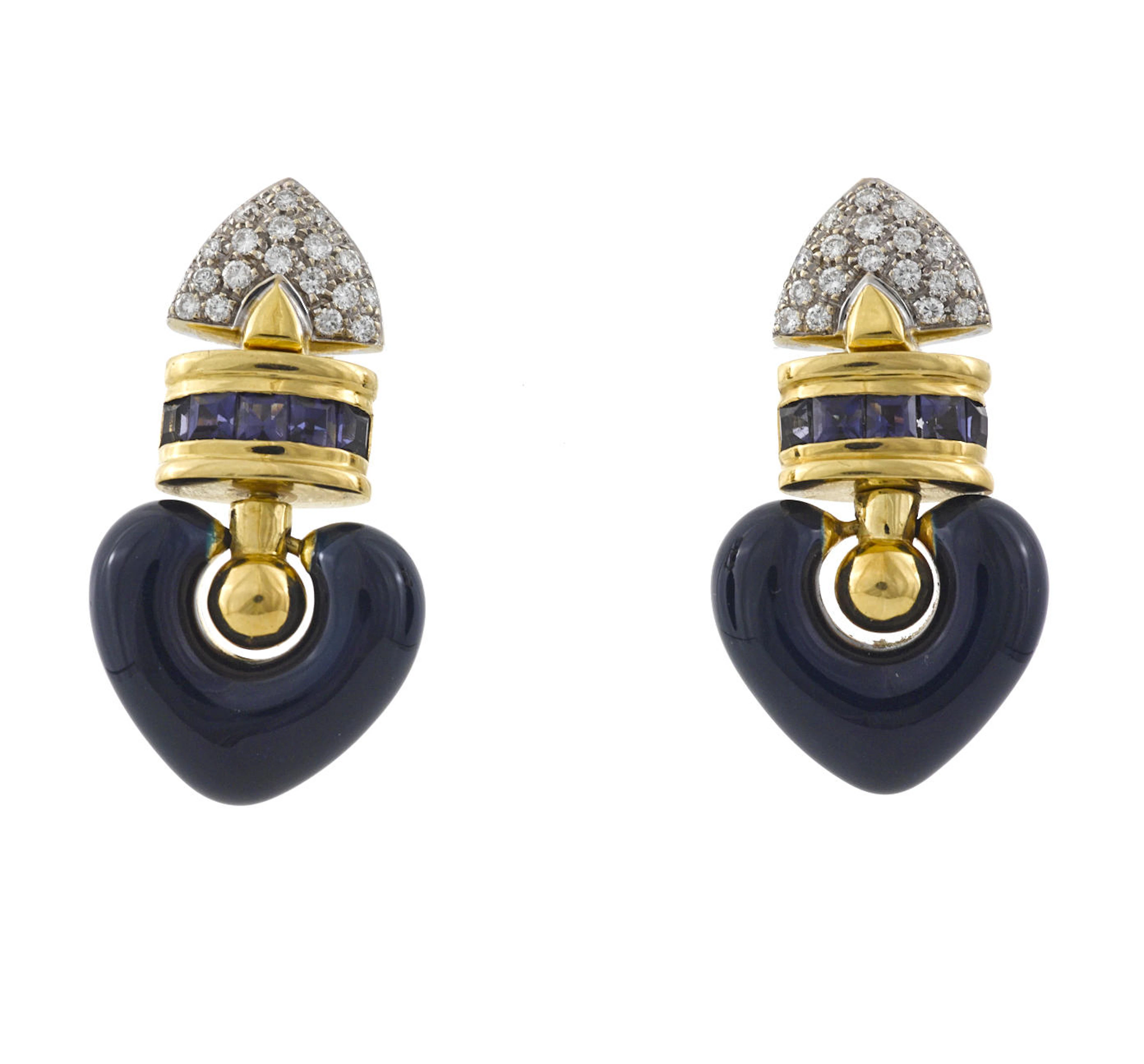 A pair of enamel, iolite and diamond doorknocker earrings, La Nouvelle Bague