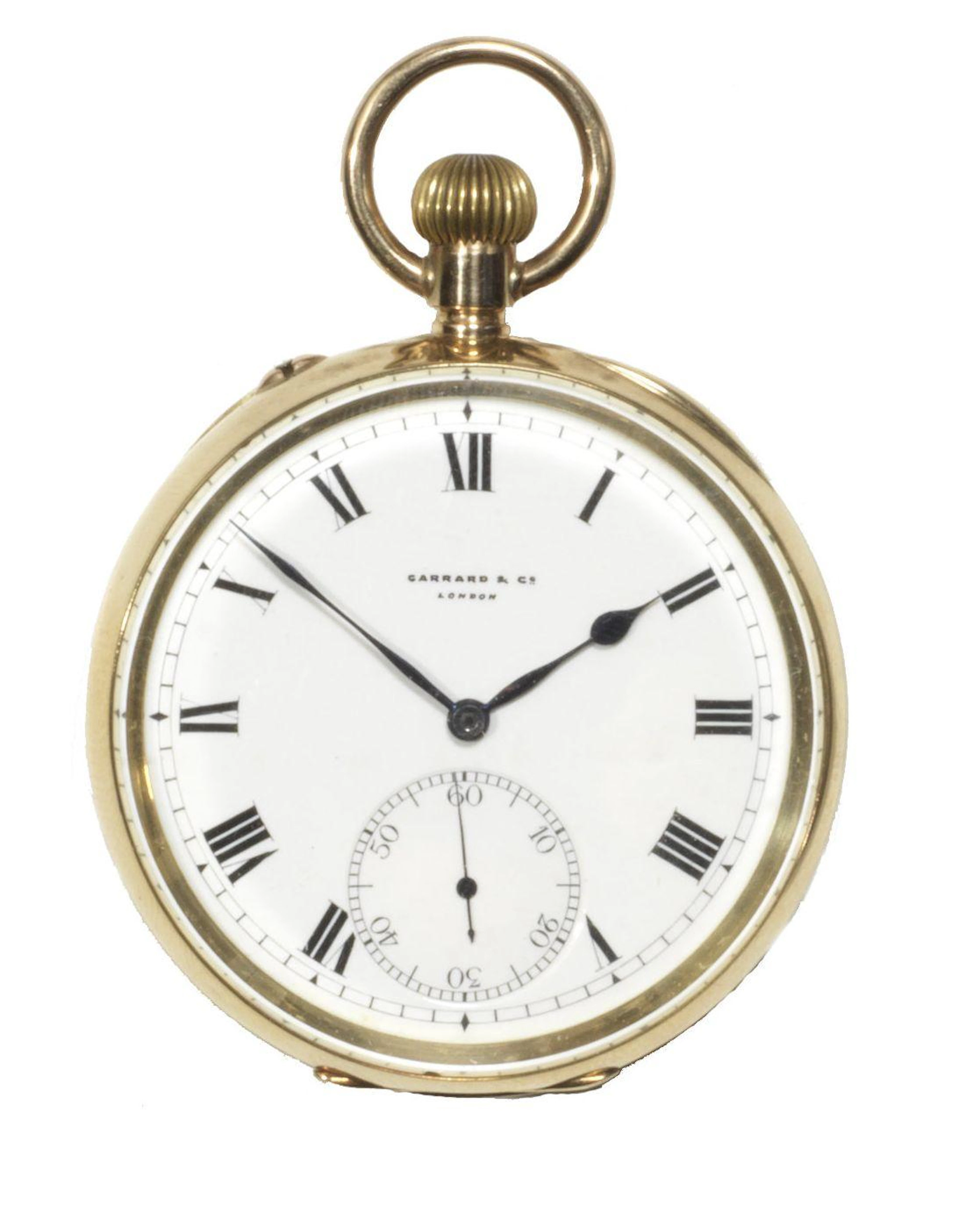 A 9ct gold keyless wind open face pocket watch with Napier inscription by Garrard & Co.,