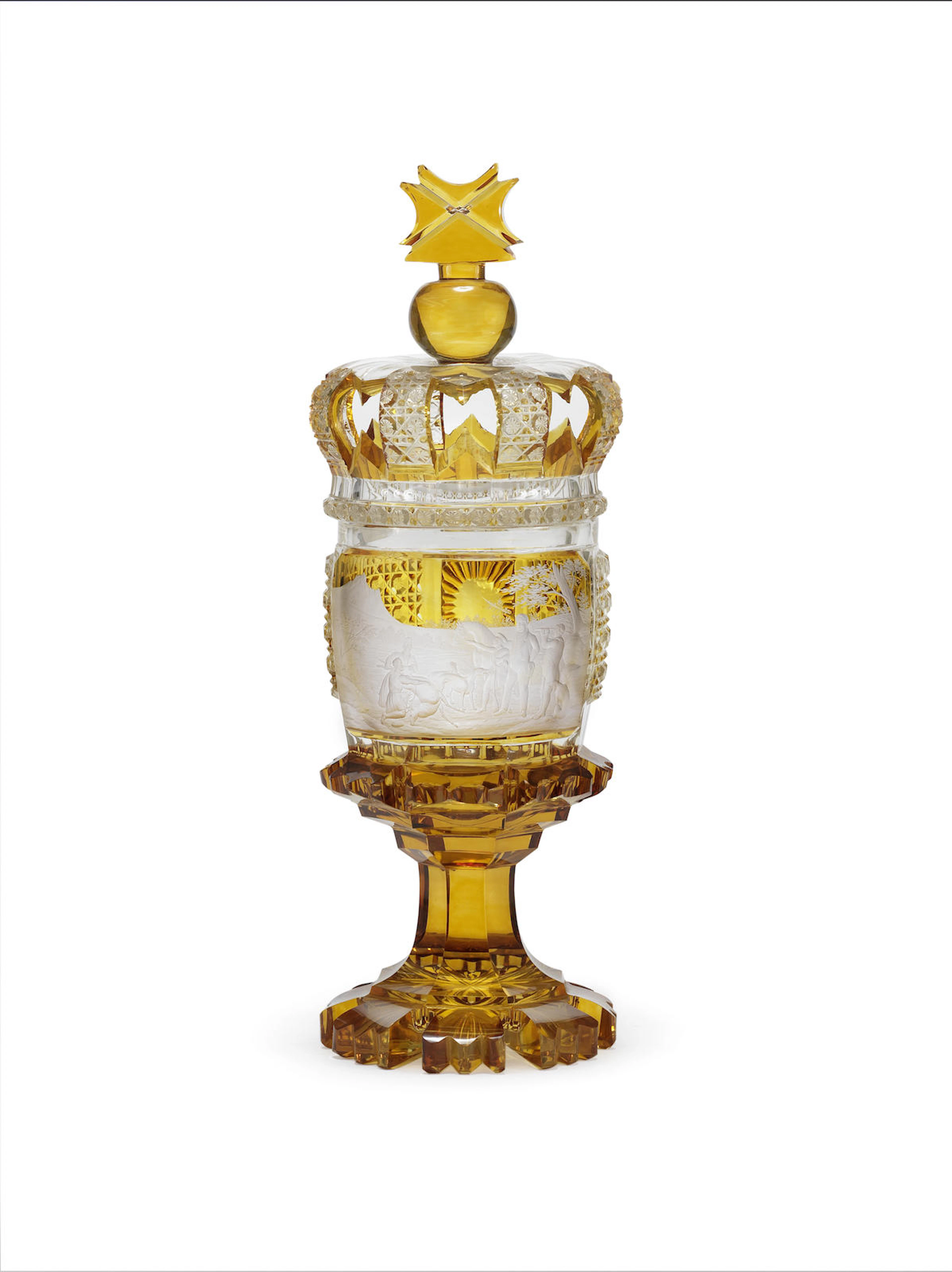 An exceptional Bohemian amber-stained goblet and crown cover, circa 1850-70