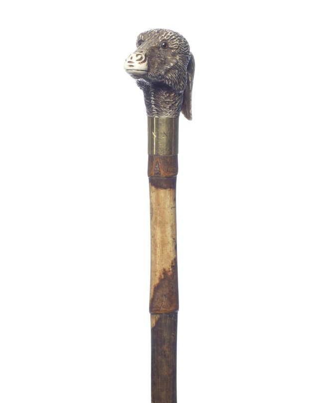 An Edwardian ivory and 18 carat gold-mounted articulated 'donkey' gadget cane mounted by Harry Tracy for Swaine & Adeney, London 1908,