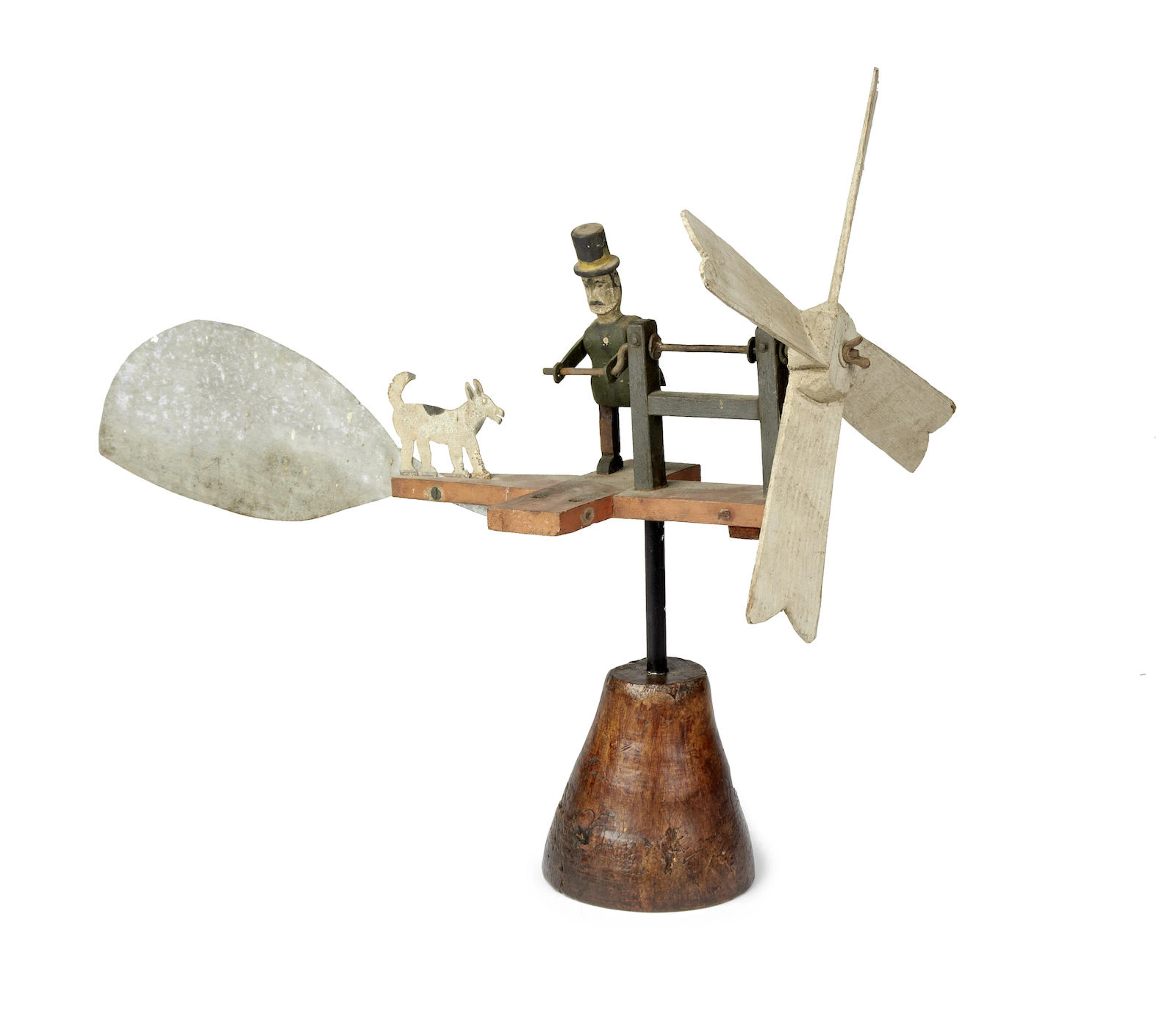 A late 19th/early 20th century polychrome-painted wood and sheet metal whirligig