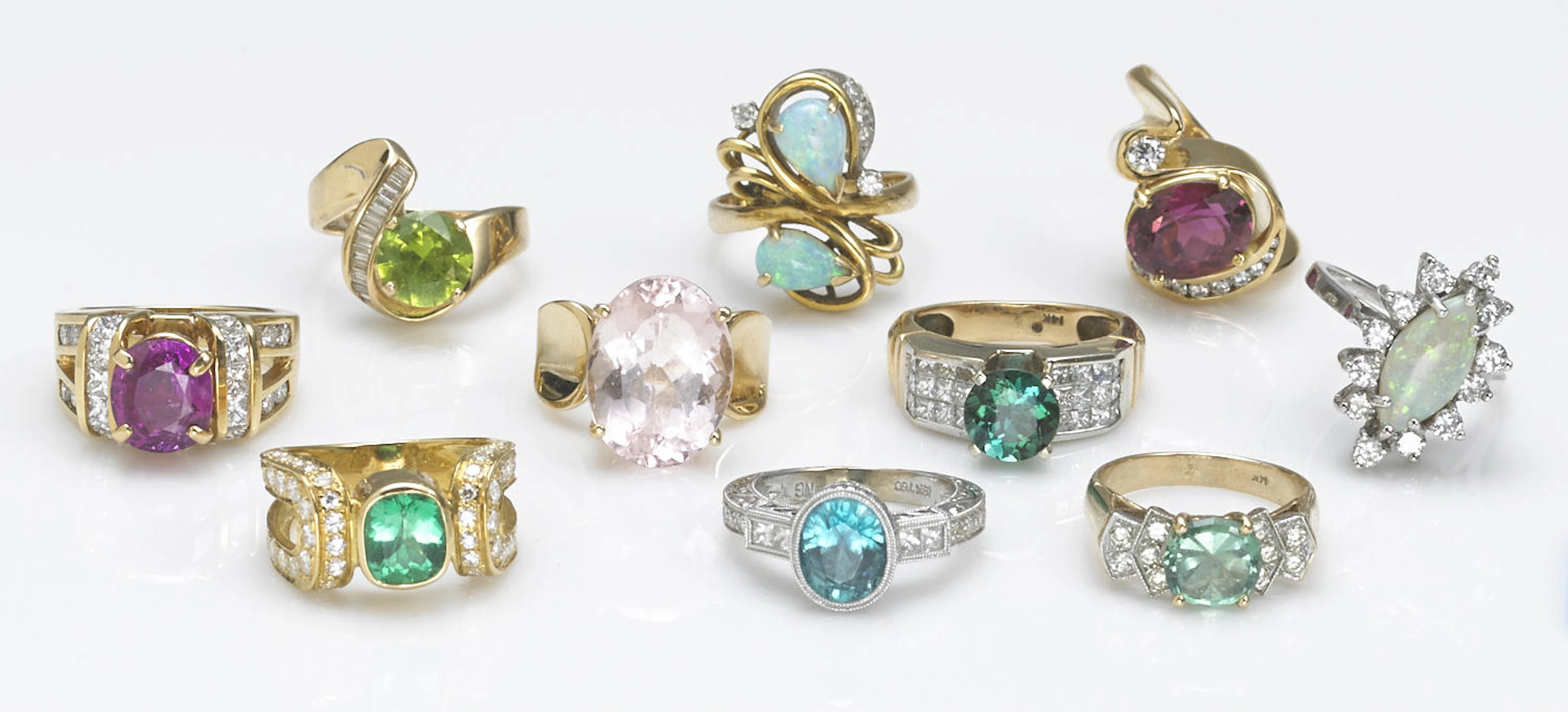 A collection of ten gem-set, diamond, 14k and 18k gold rings