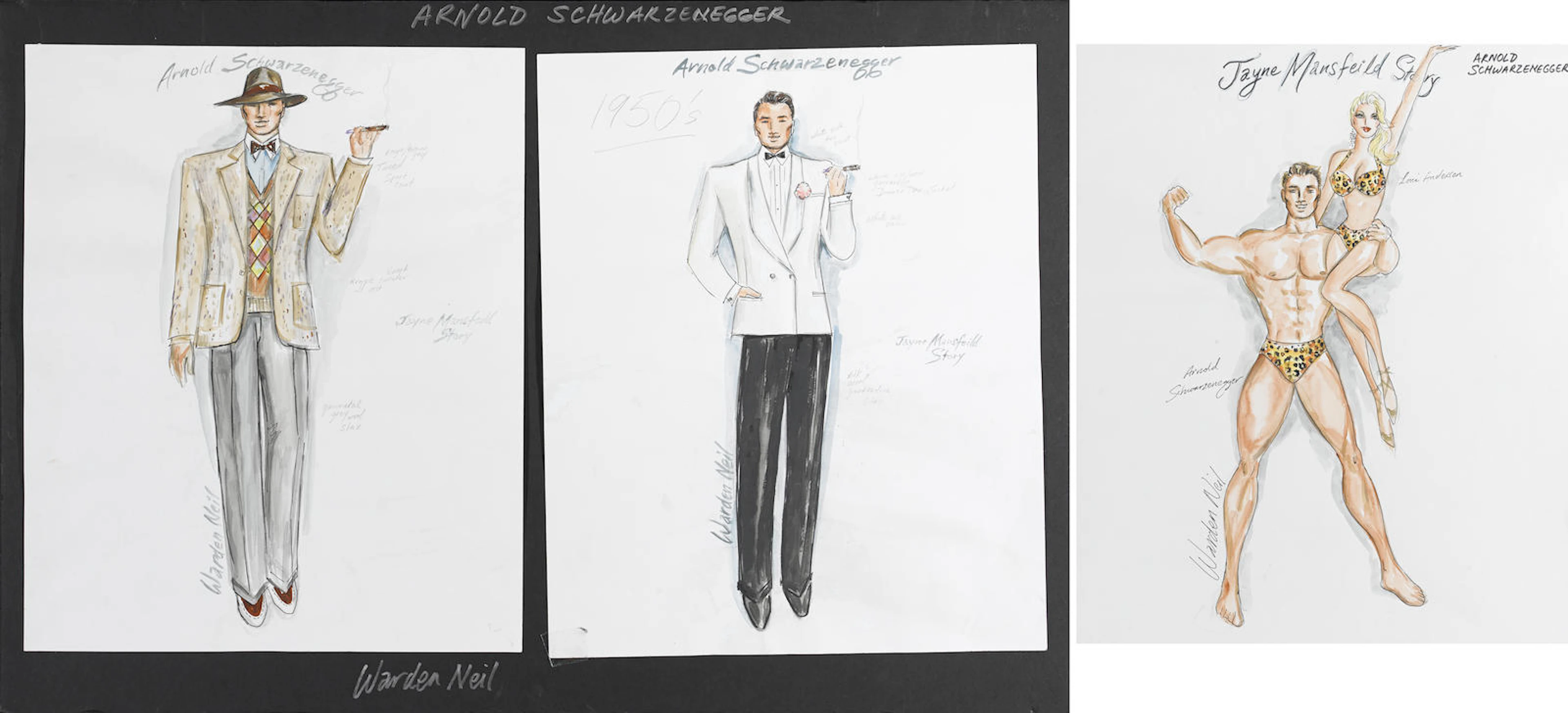 A group of three Warden Neil sketches of Arnold Schwarzenegger and Loni Anderson for The Jayne Mansfield Story