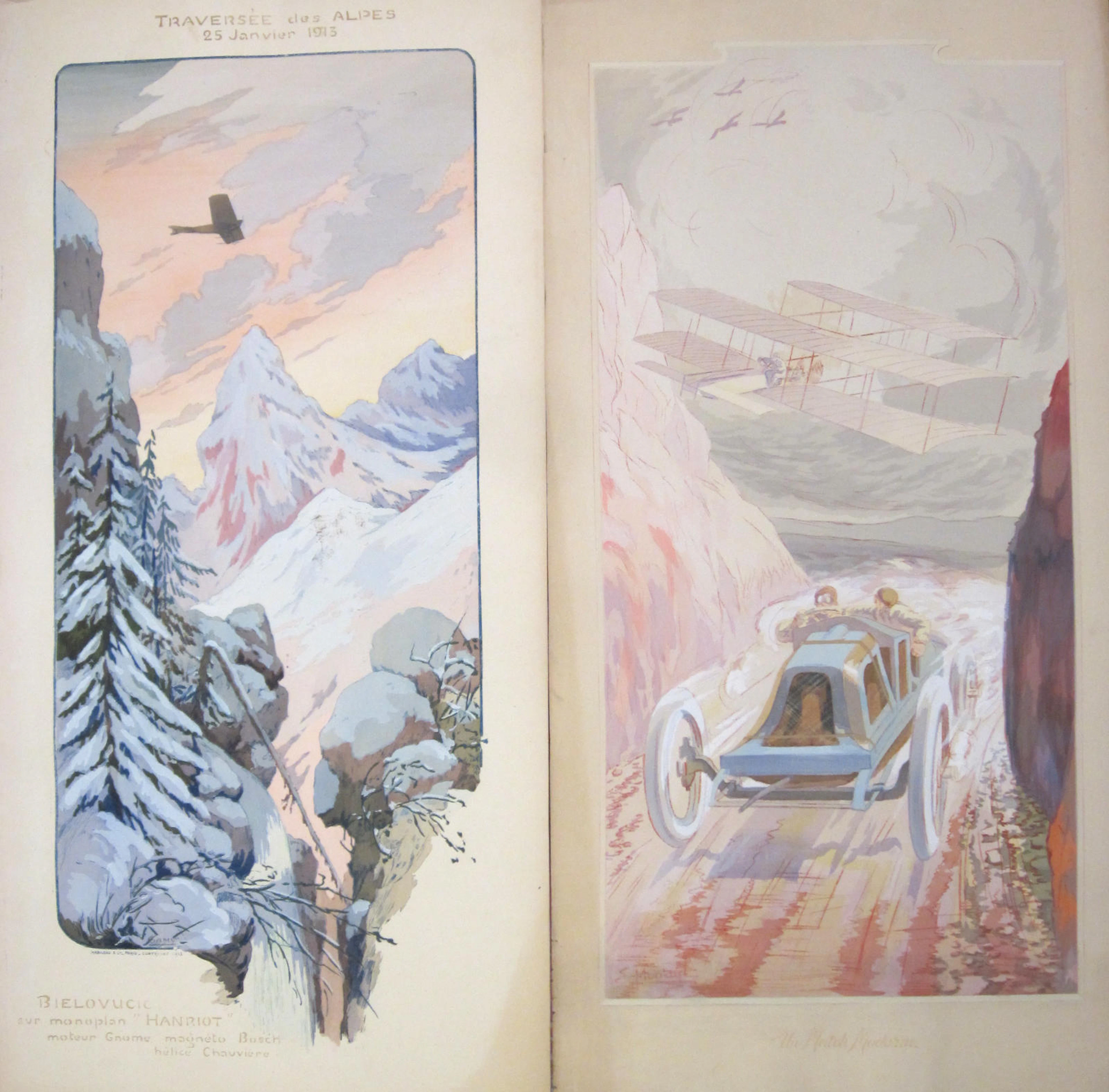 A collection of four (vertically printed) aviation themed, hand-colored Pochoir lithographs after Marguerite (Gamy) Montaut, circa 1910,
