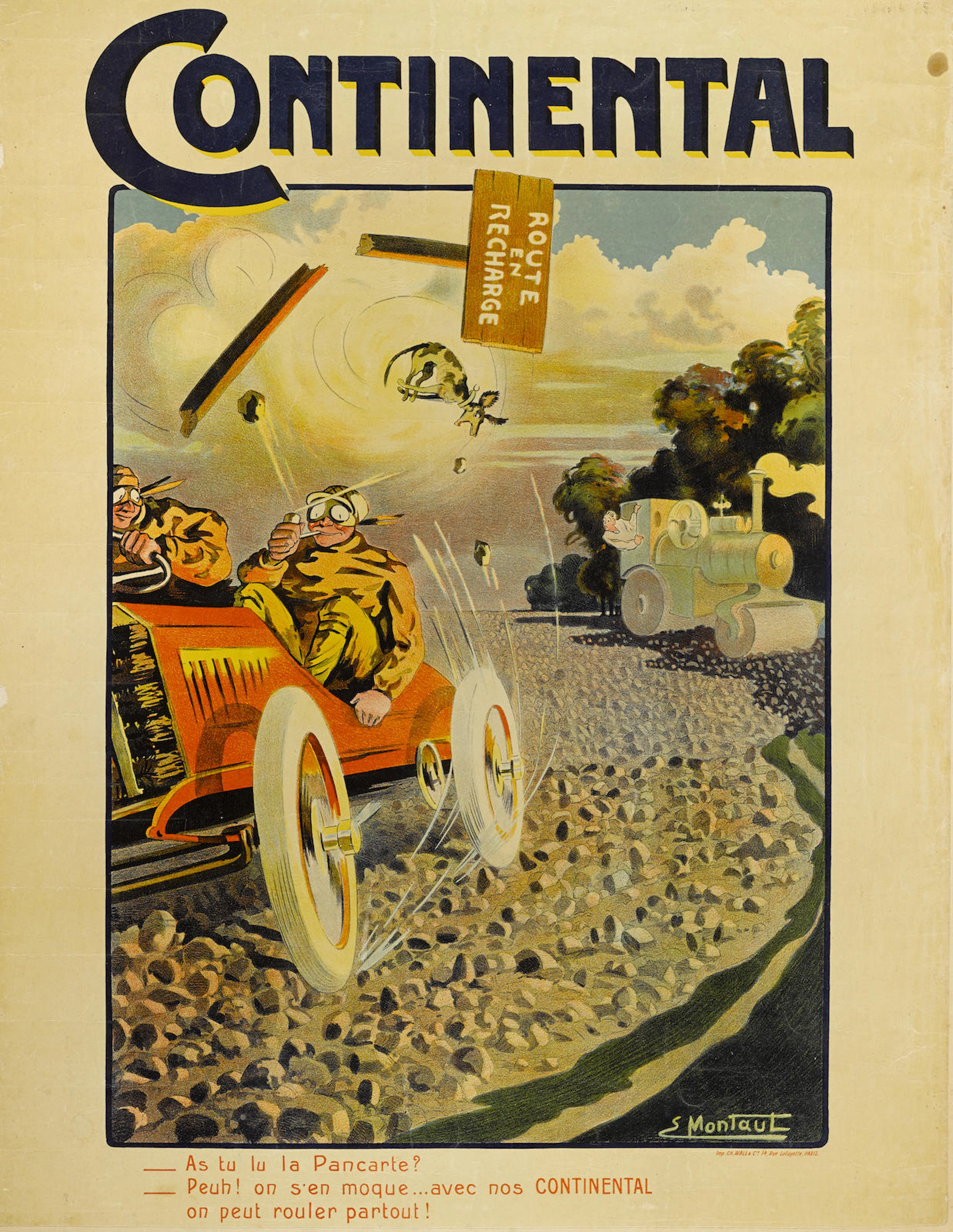 An original "Continental Tire" advertising poster by Ernest Montaut, circa 1905,