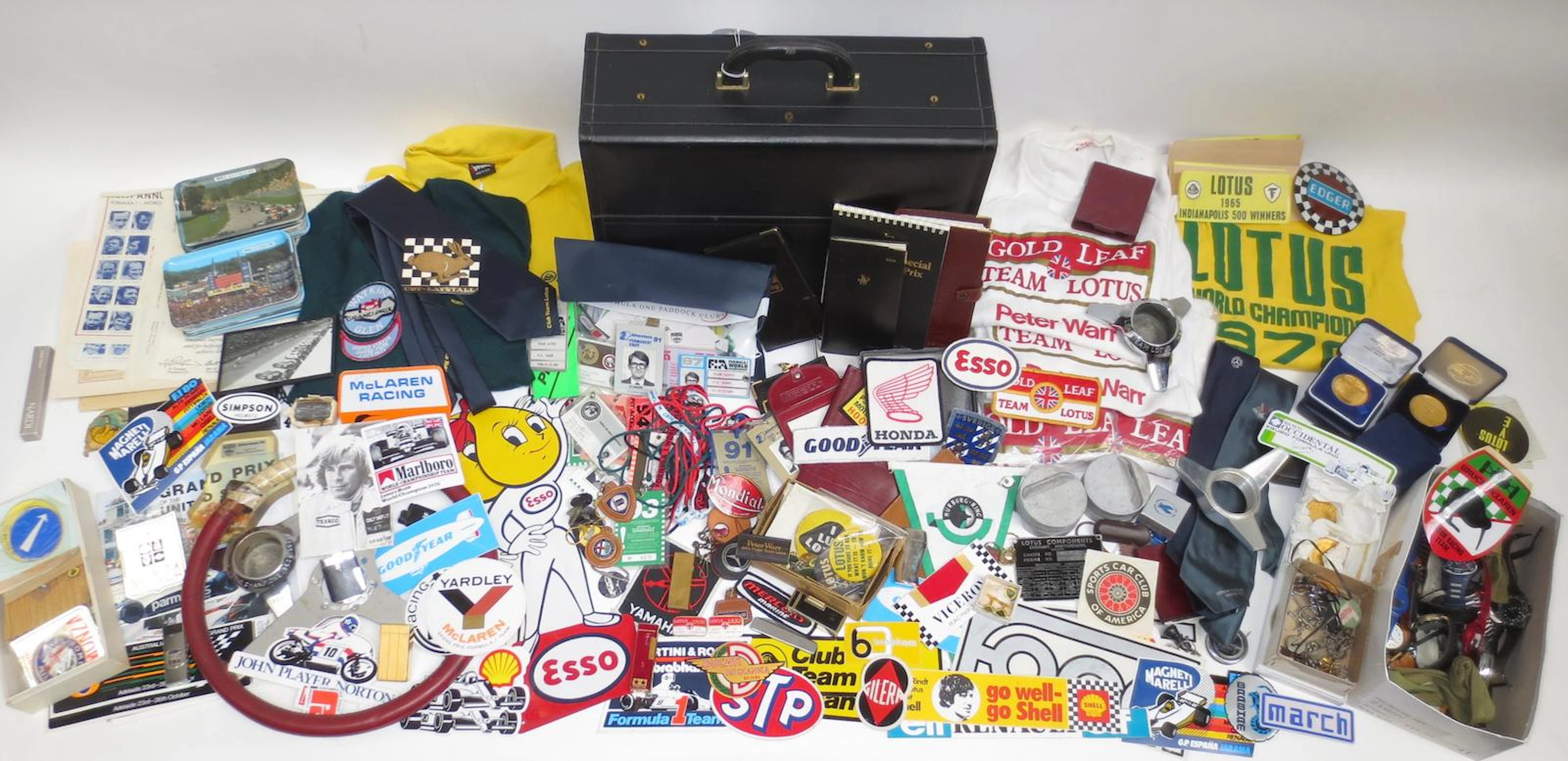 Peter Warr's leather briefcase, and other memorablia, personal items and collectables,