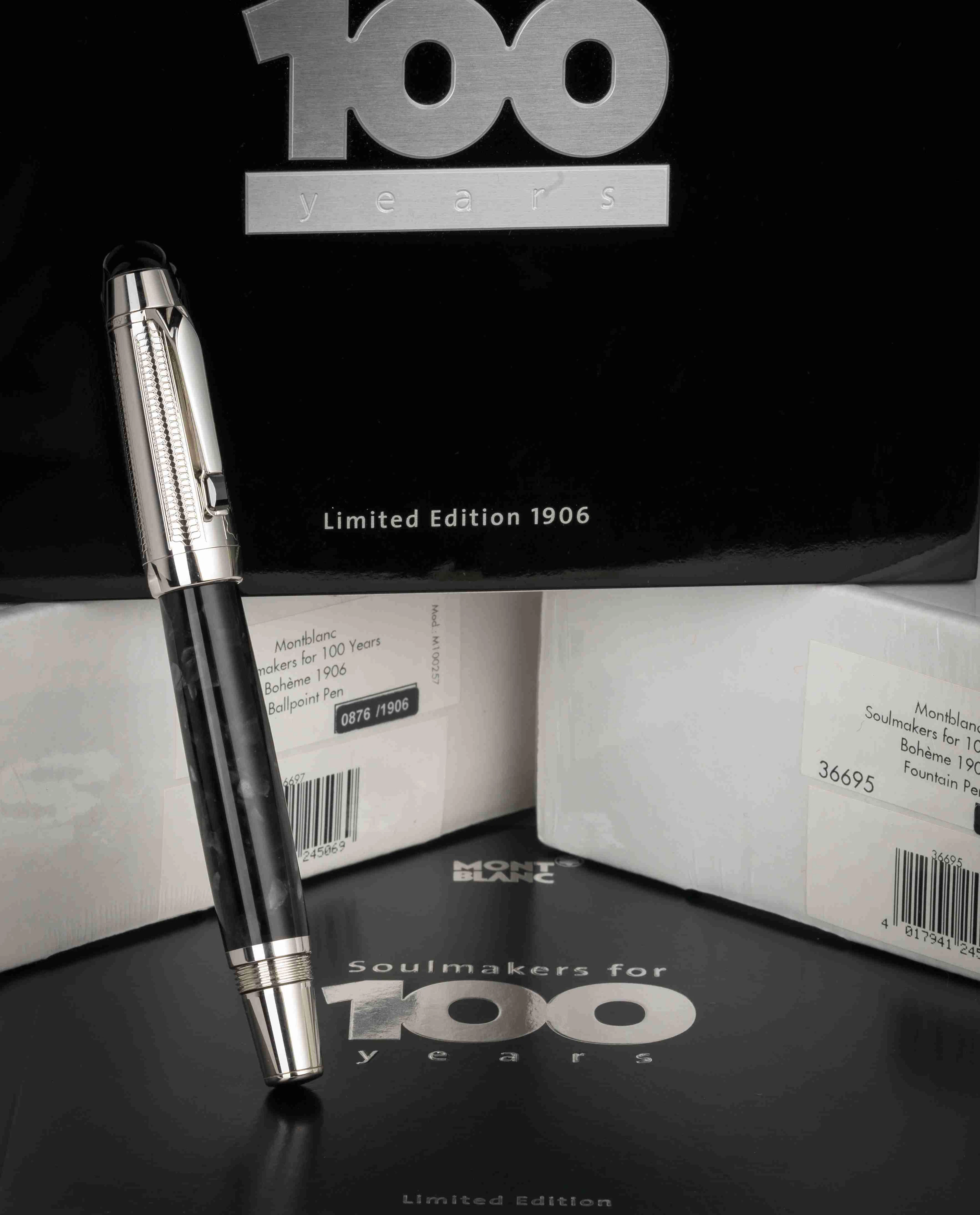 Montblanc. A fine limited edition Soulmakers for 100 years 1906 set include fountain pen, ballpoint pen and rollerball with box and paper Bohème 1906, Ref:FP M100255/BP M100257/RB M100256 No