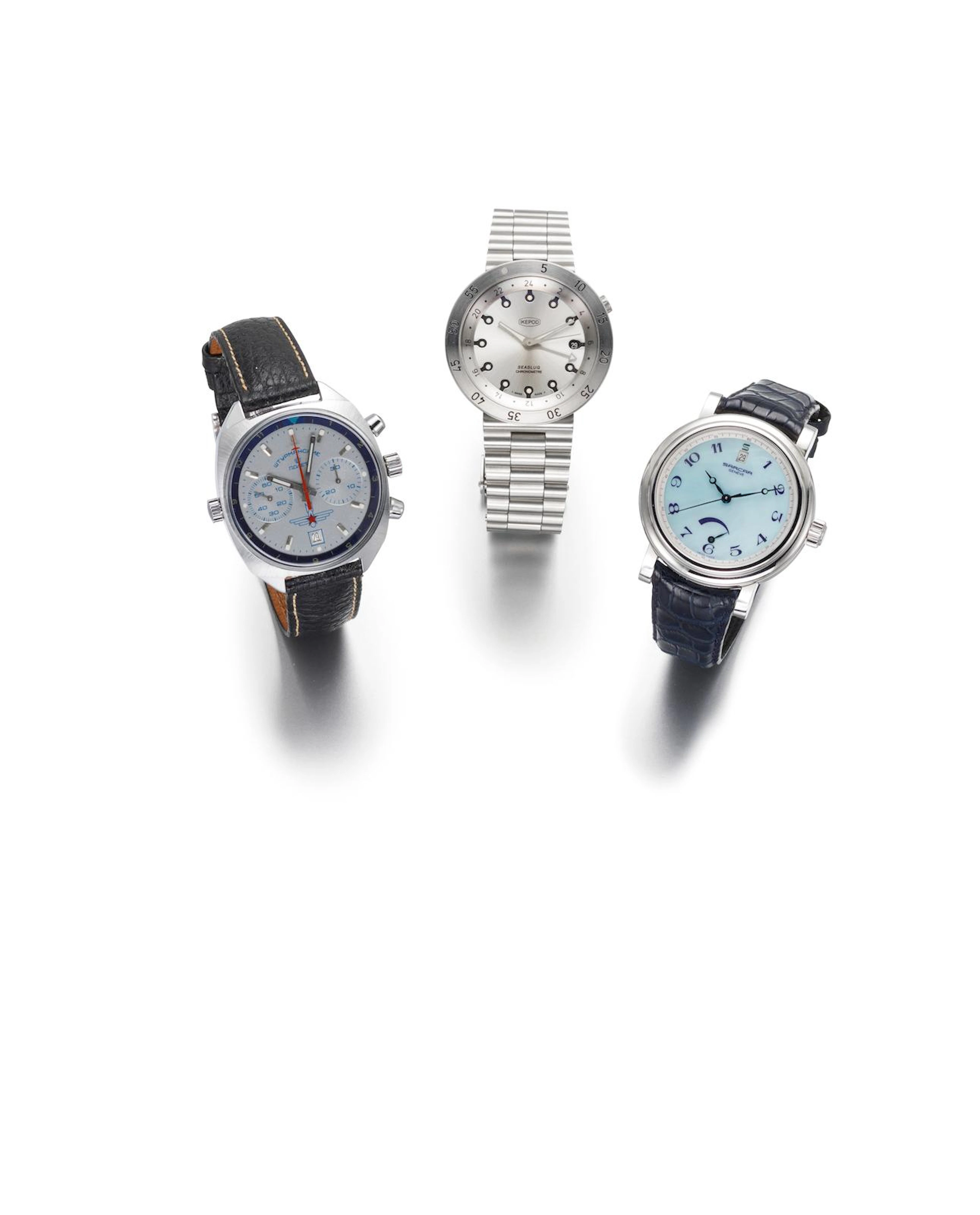 Ikepod. A limited edition stainless steel automatic calendar second time zone bracelet watch with box and papers Marc Newson Design Seaslug Chronometre, Case No.674/9999, Sold 11th August 2011