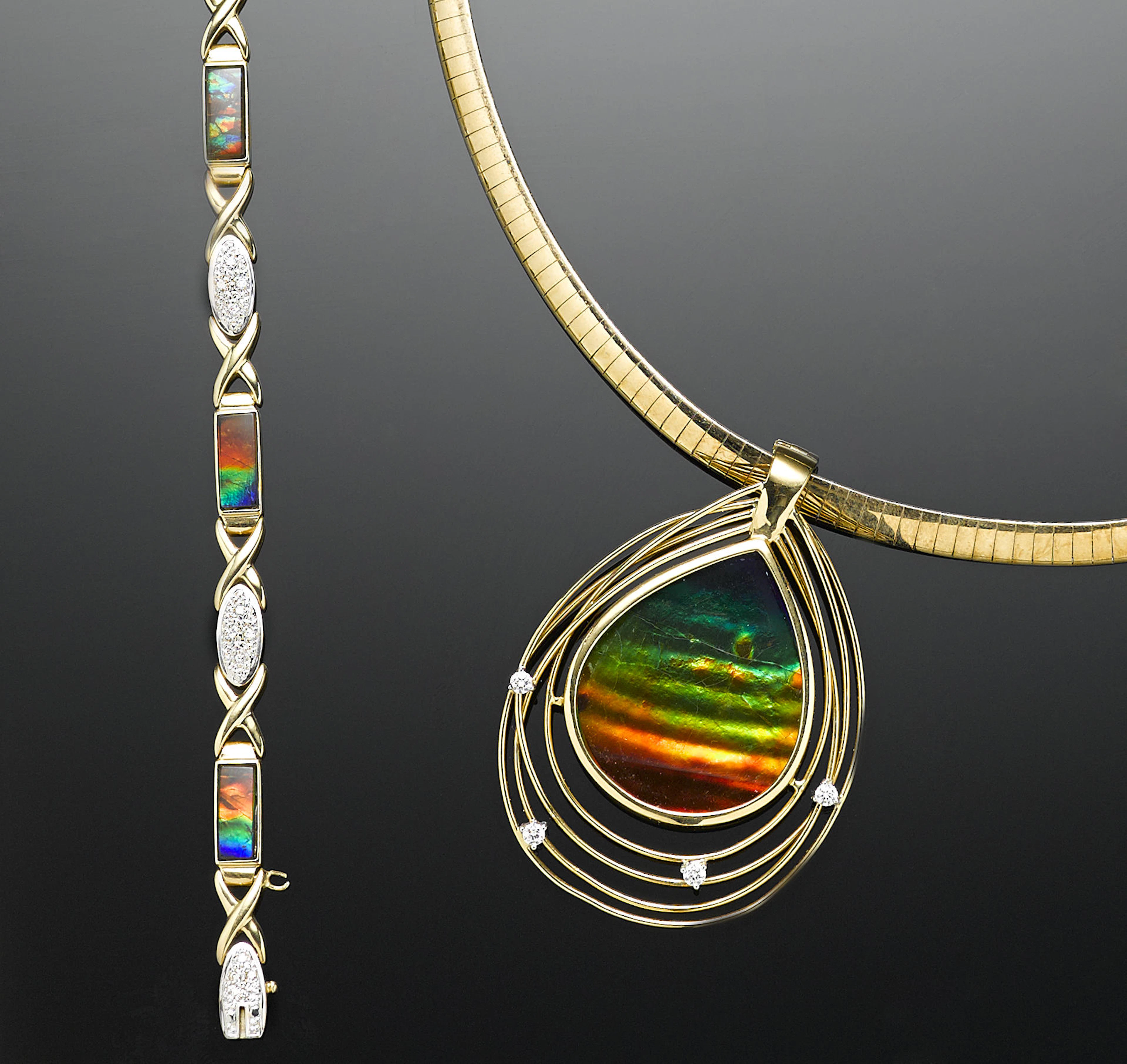 Gem-grade Ammolite and Diamond Pendant Necklace and Matching Bracelet"Canada's Opal-like Gemstone"