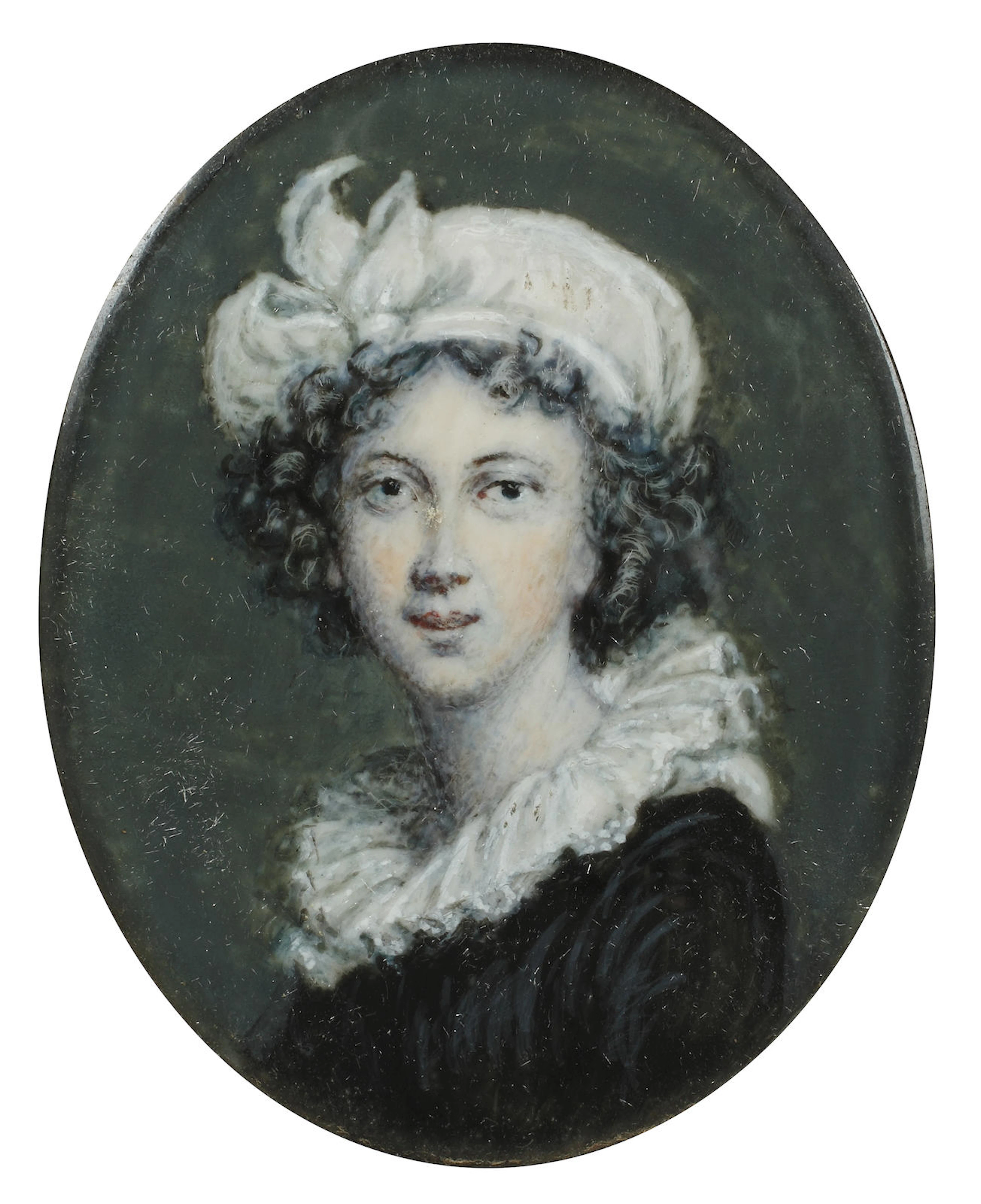 After Elisabeth Louise Vigée Le Brun 19th Century A portrait miniature copy of the artist's self-portrait; the artist, wearing black dress with white frilled collar