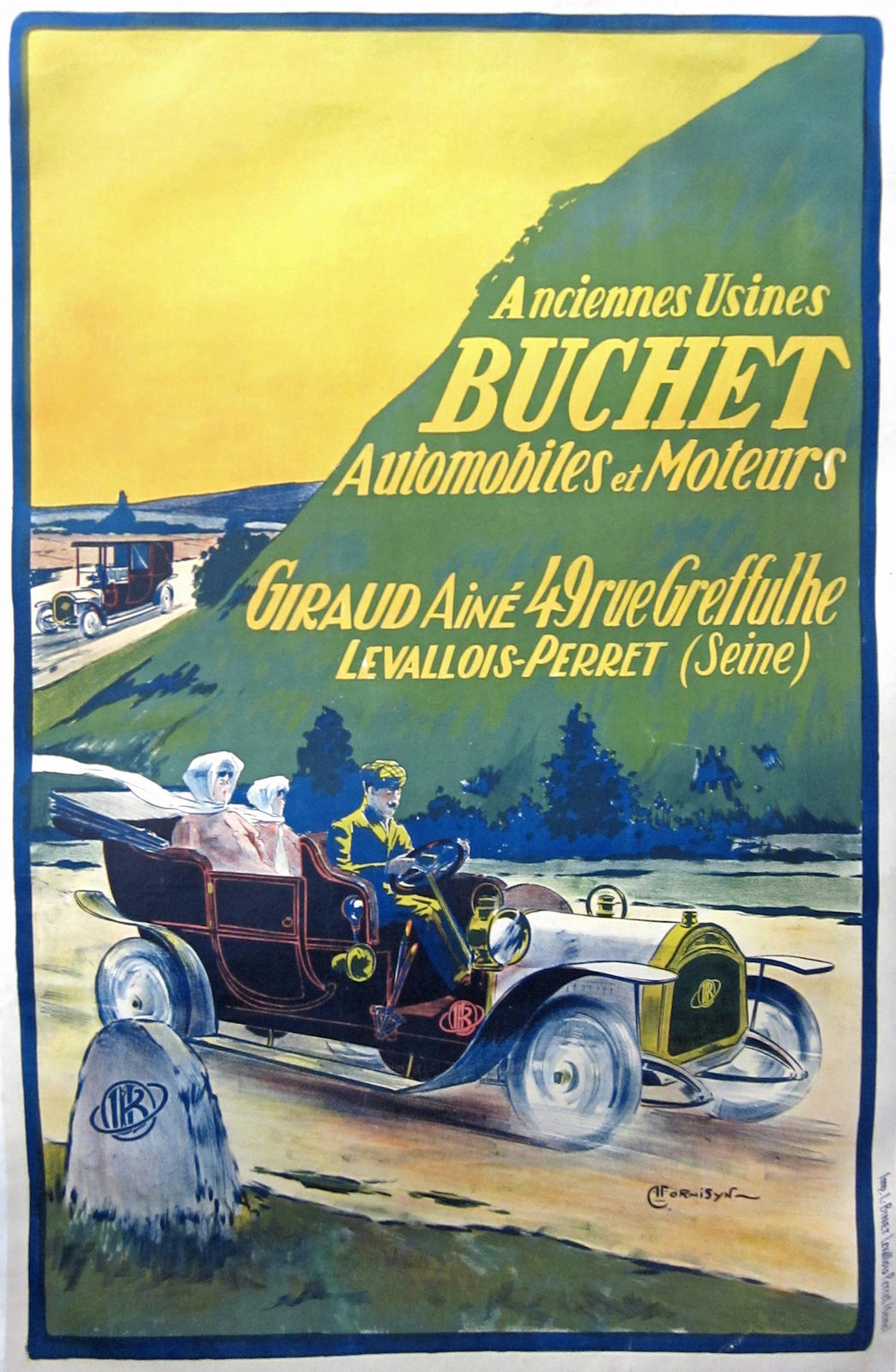 A Buchet Automobiles advertising poster by A. Formisyn, circa 1910, 46 x 31 ins.