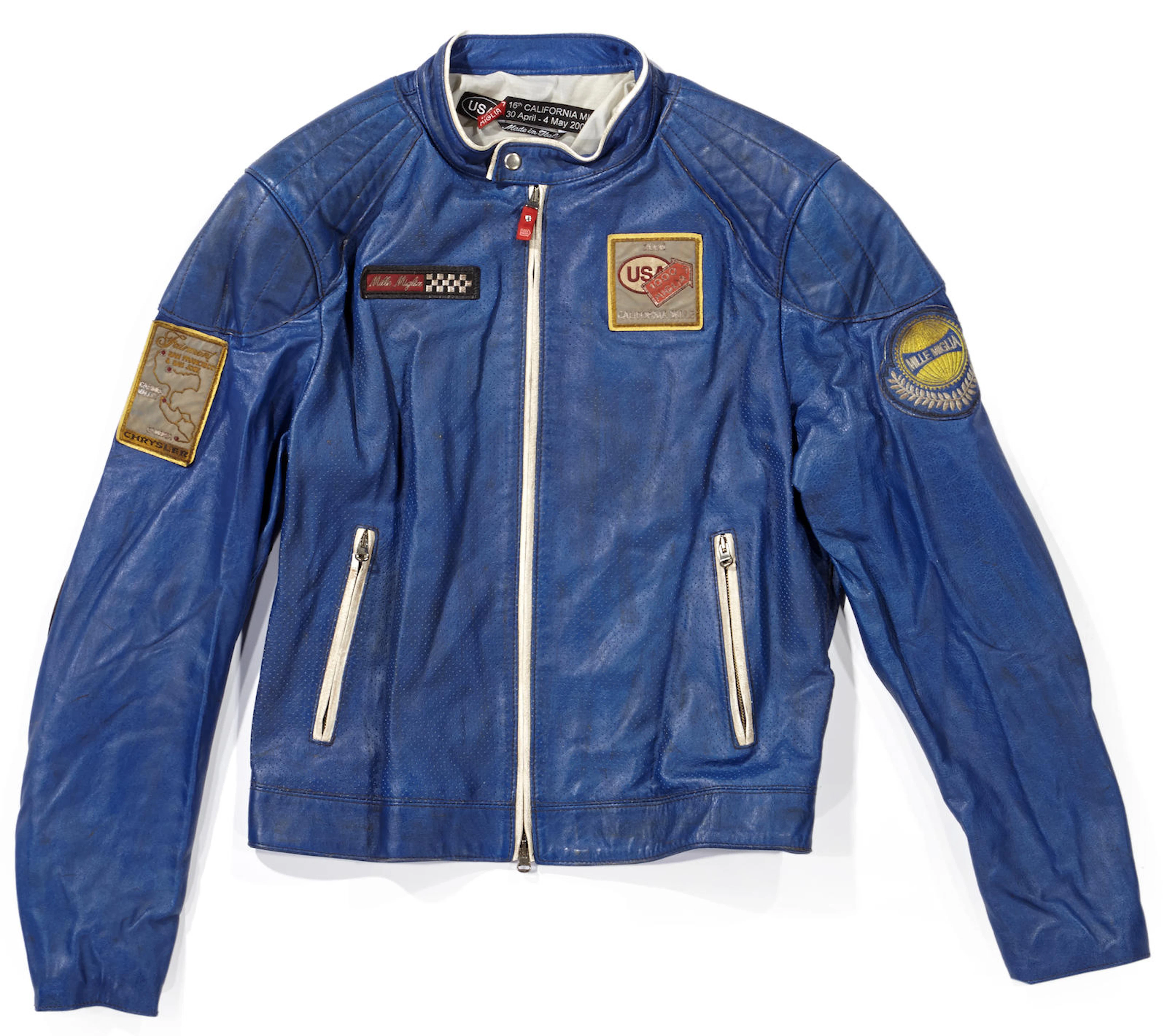 A 2006 California Mille blue leather Italian cafe-racer style motorcycle jacket