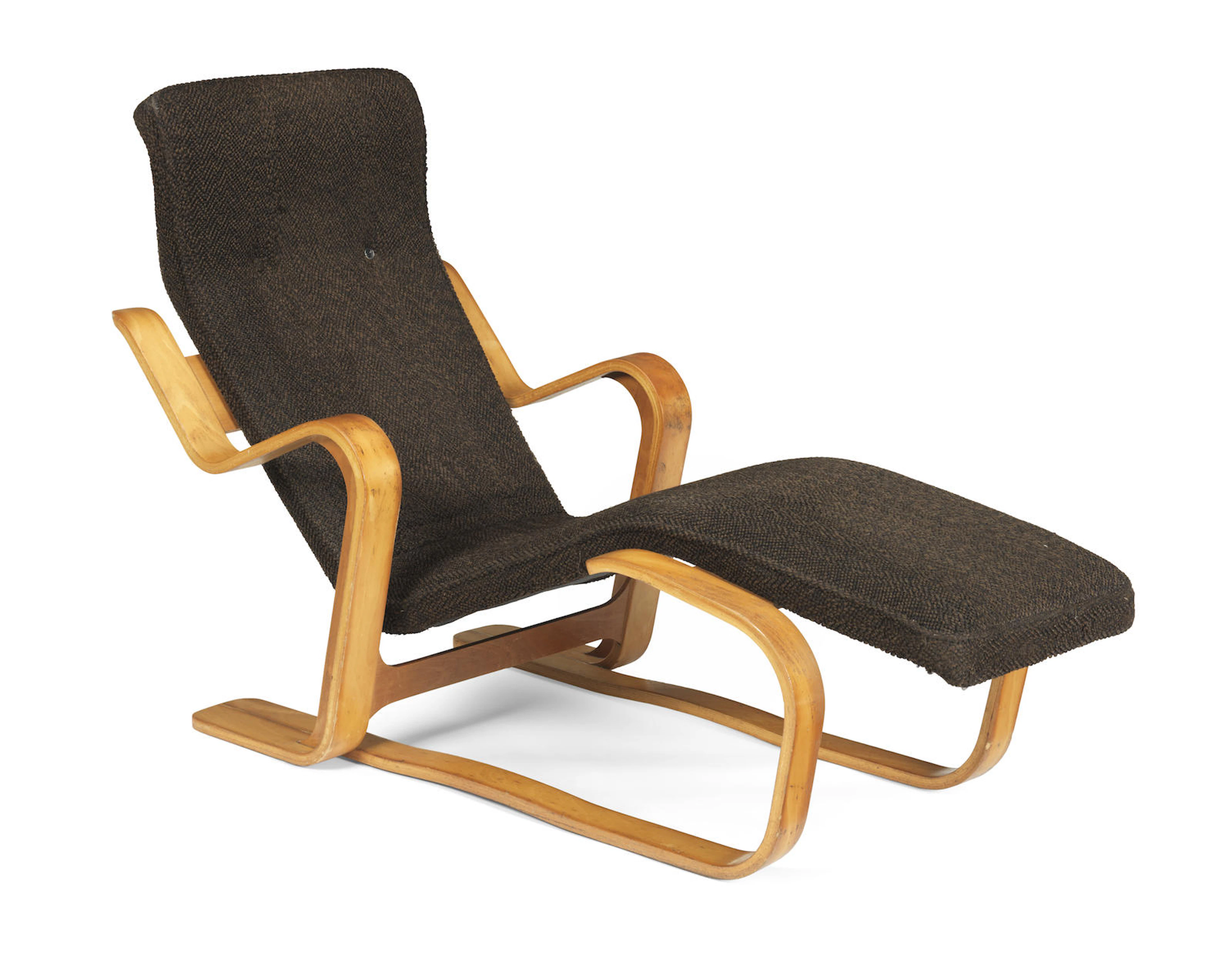 Marcel Breuer Long Chair designed 1935-36 beech laminated plywood with fabric upholstery 85 by 136 by 61 cm.33 7/16 by 53 9/16 by 24 in.