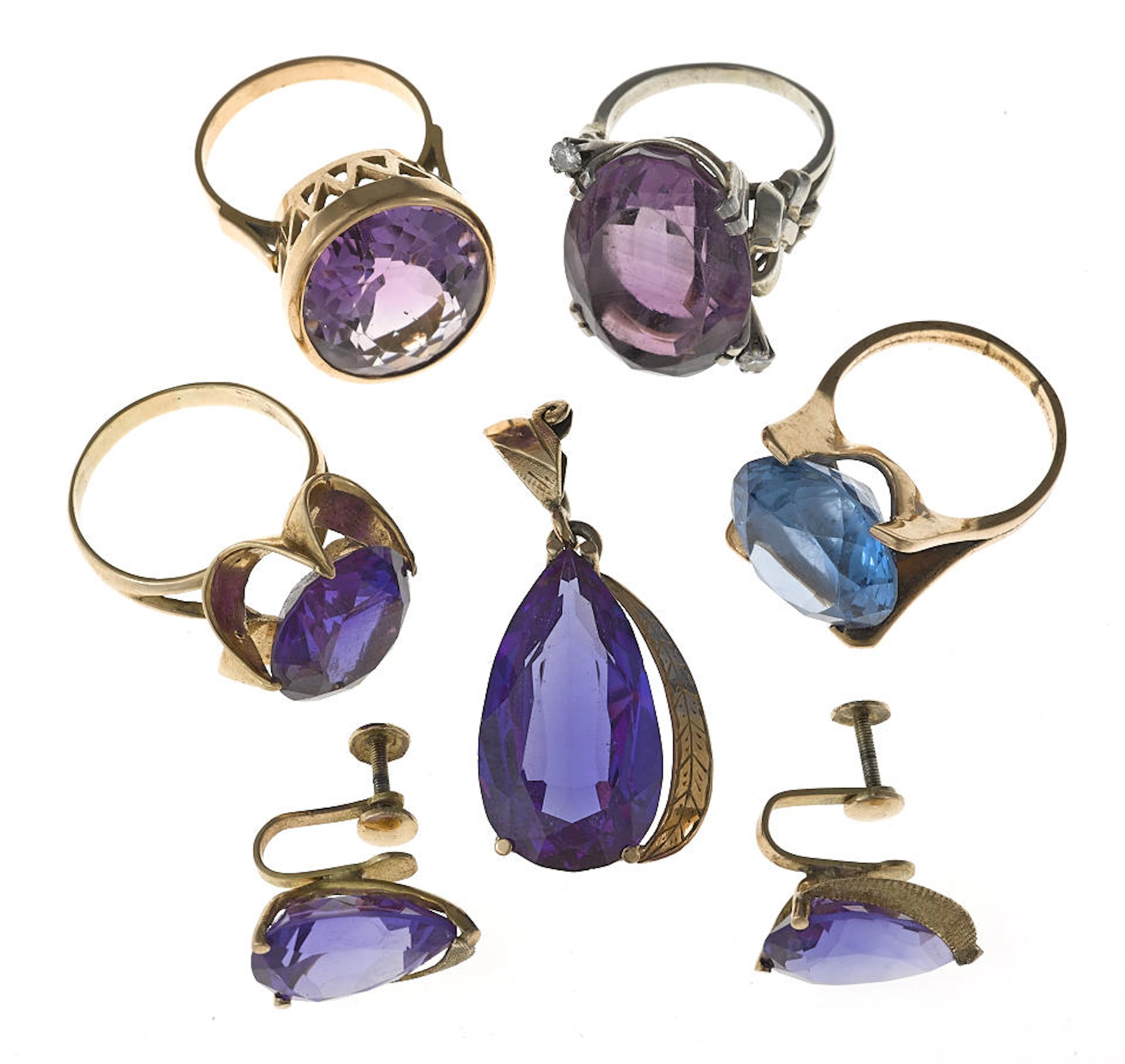 A collection of amethyst, synthetic gem, diamond and 14k white and yellow gold jewelry