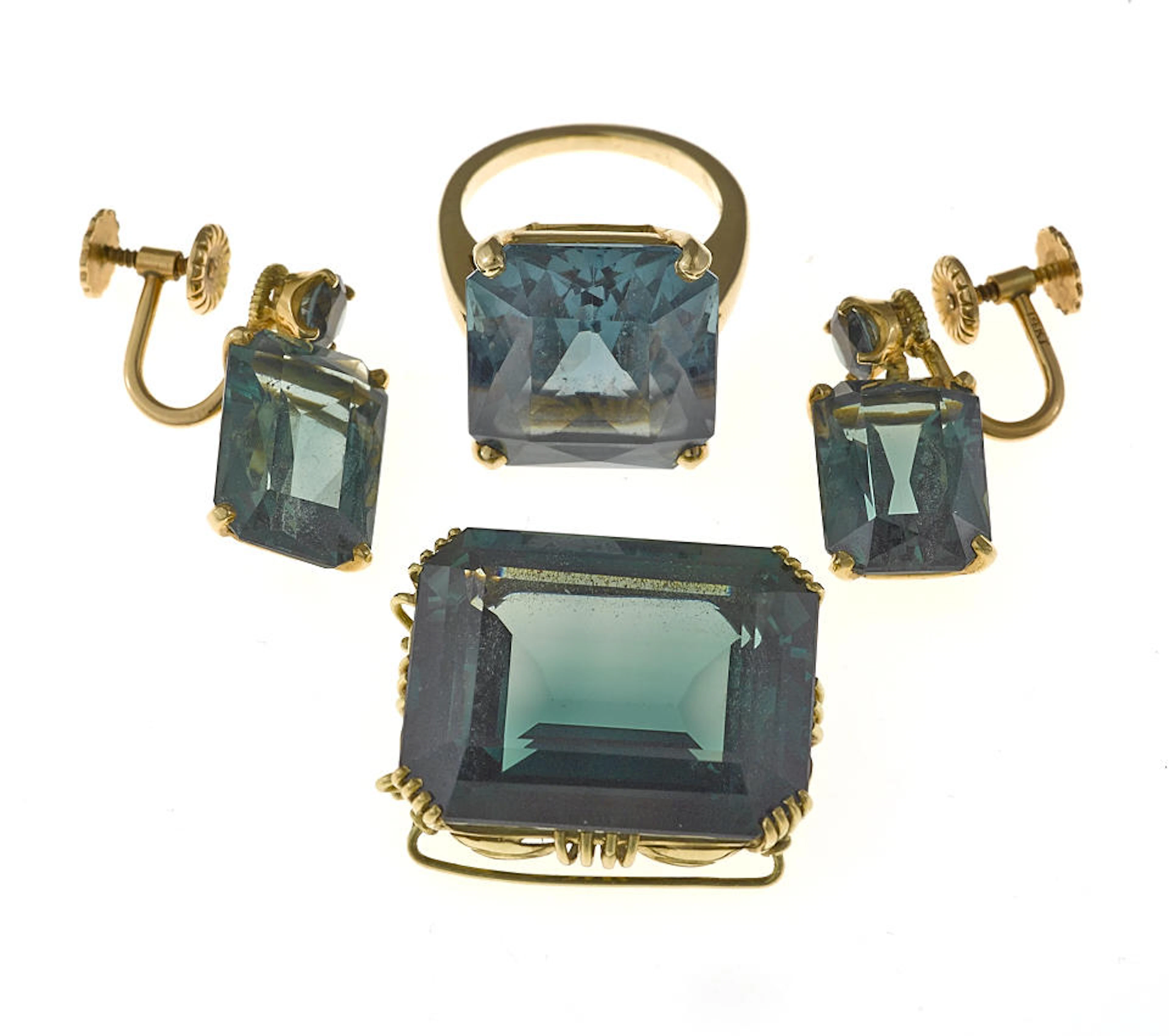 A collection of synthetic spinel and 14k gold jewelry