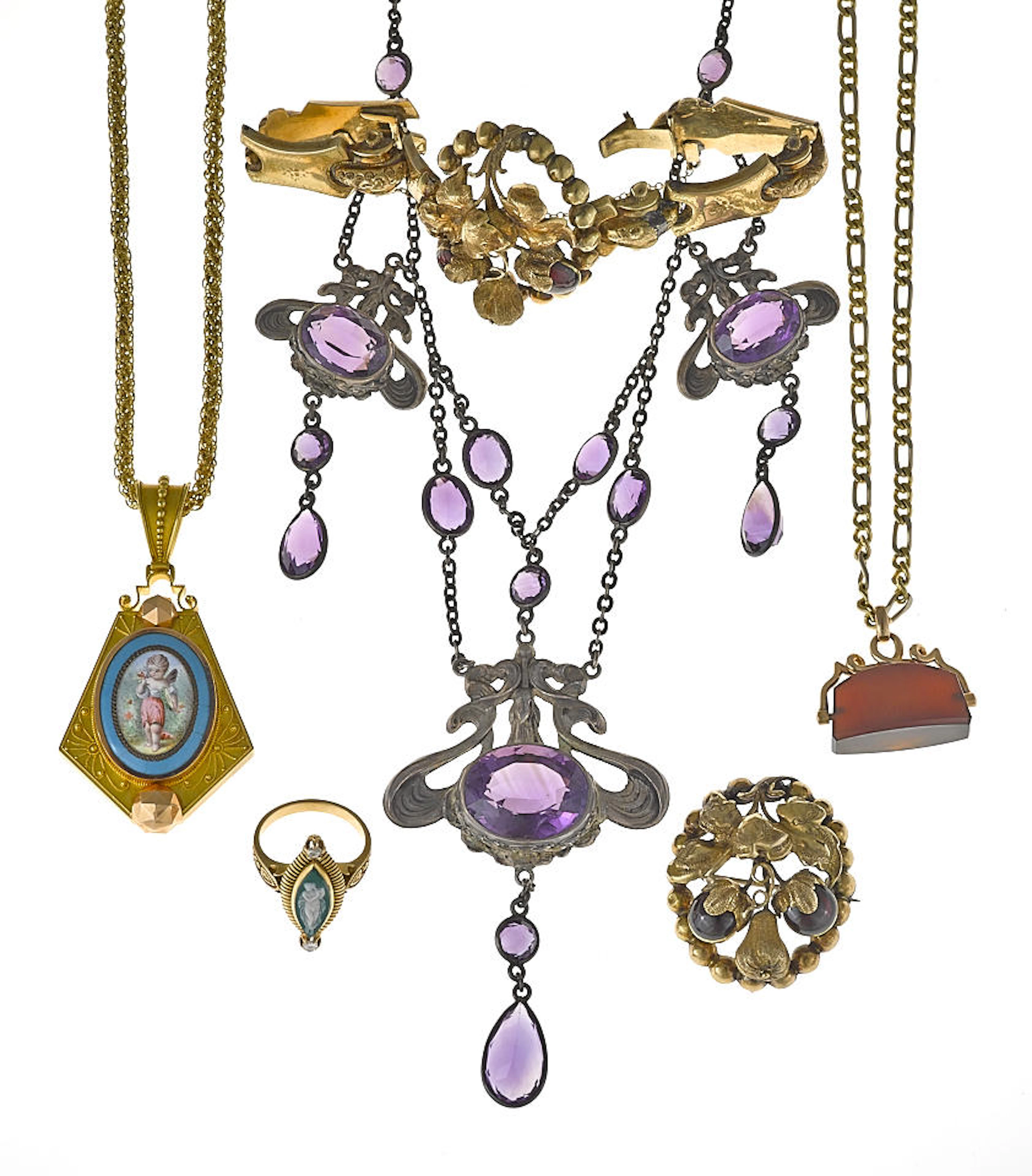 An art nouveau amethyst and silver swag necklace together with a collection of enamel, hardstone, onyx, garnet and 14k gold jewelry
