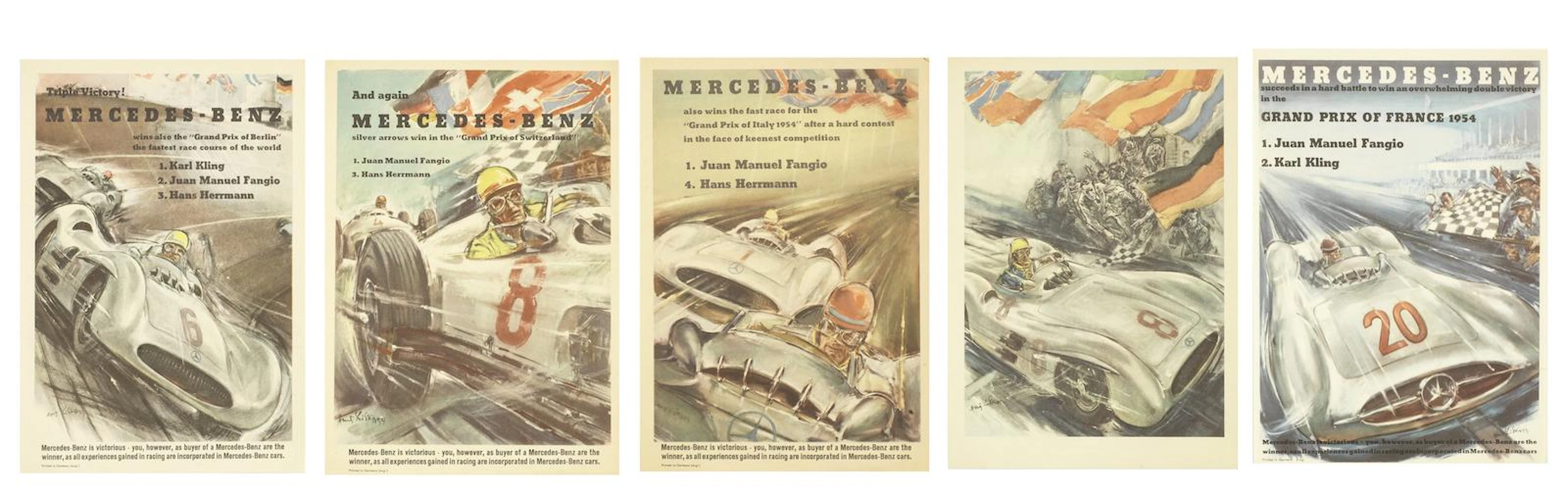 VIER MERCEDES-BENZ FLUGBLATT-POSTER GRAND PRIX SIEGE 1954