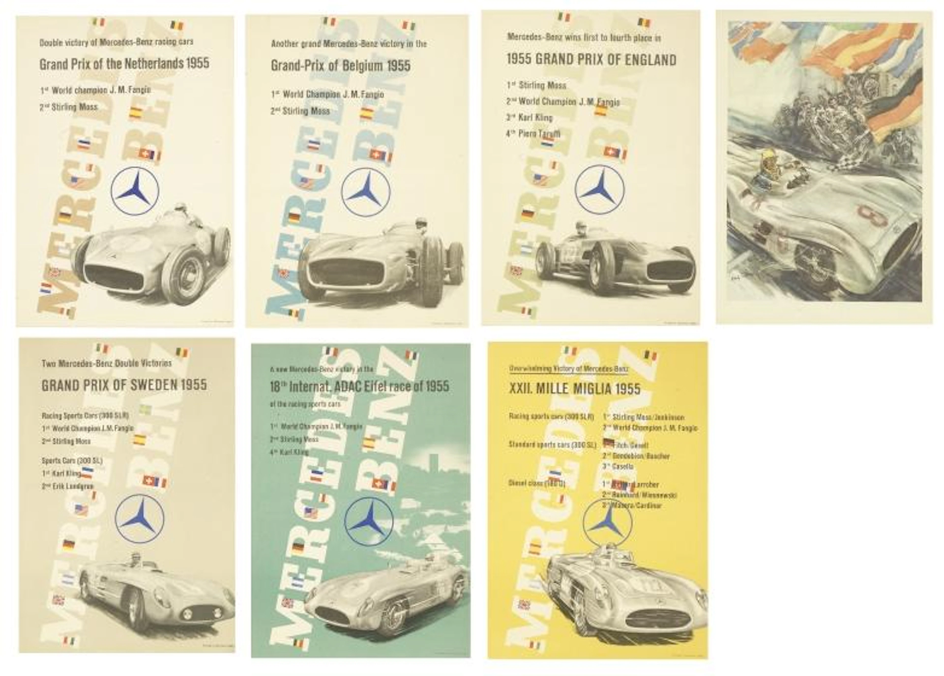SECHS MERCEDES-BENZ RENNSIEGE FLUGBLATT-POSTER 1955