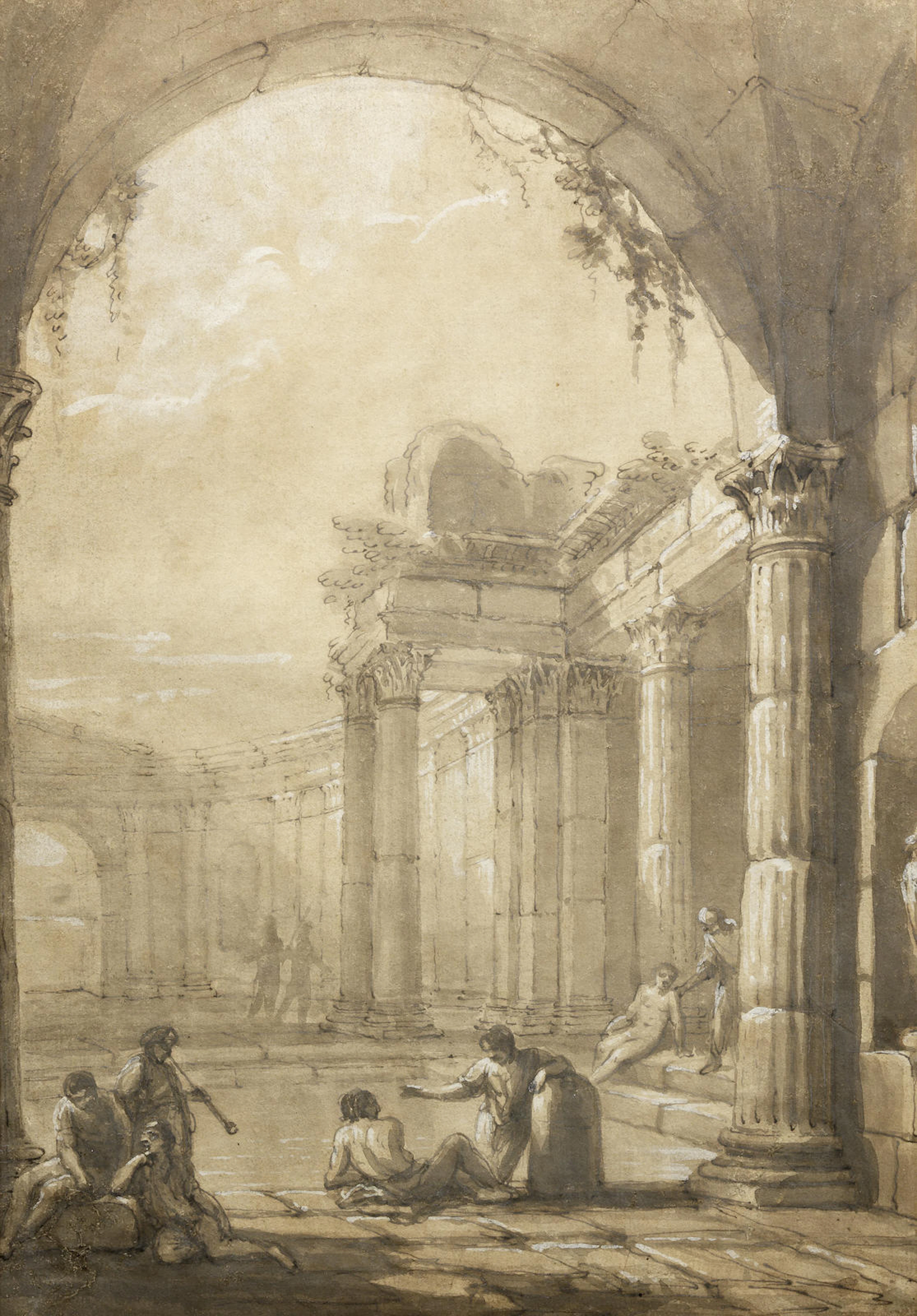 Ruins of classical baths with figures bathing