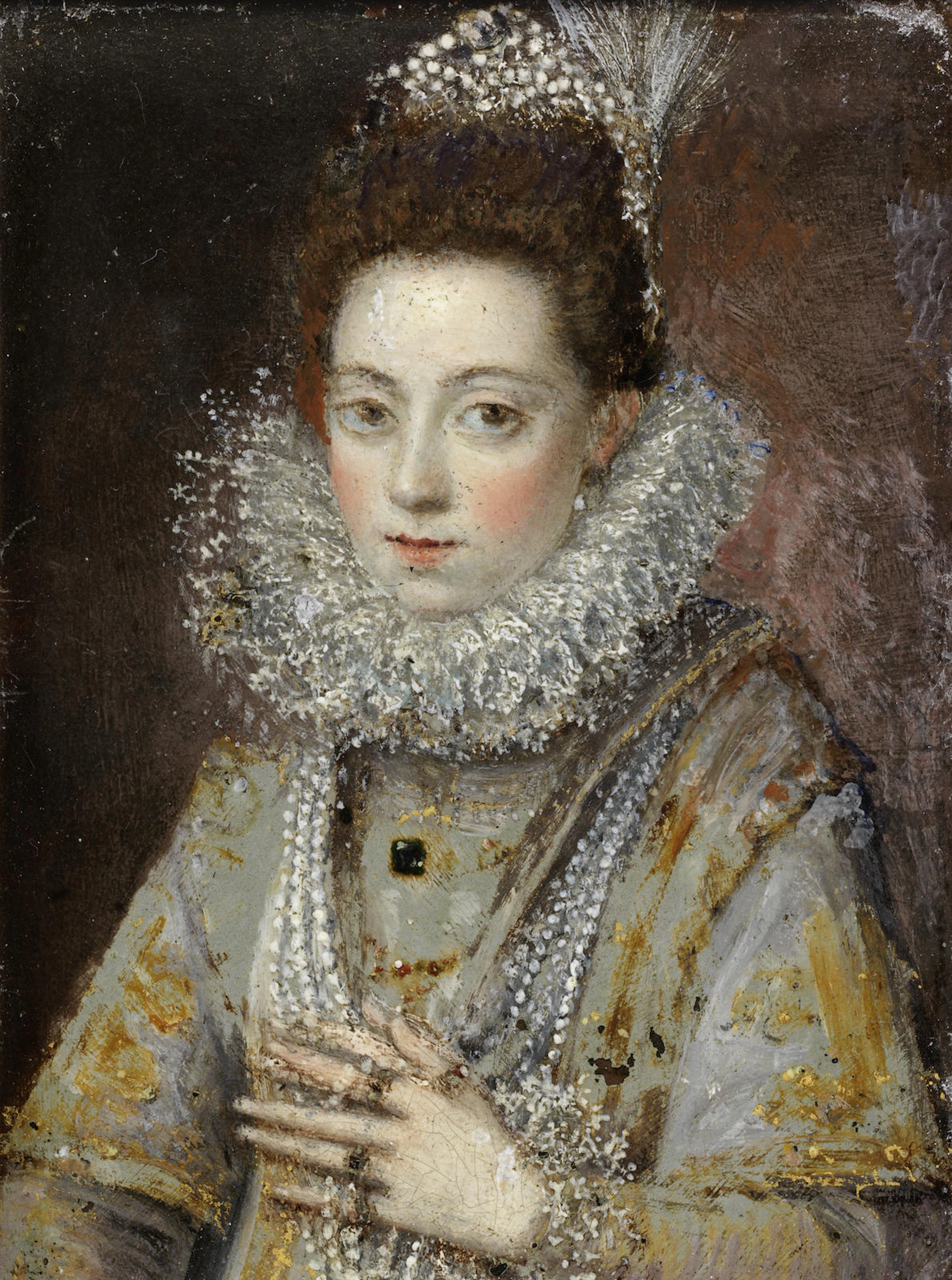 Portrait of a lady, half-length, in an embroidered dress and pearls