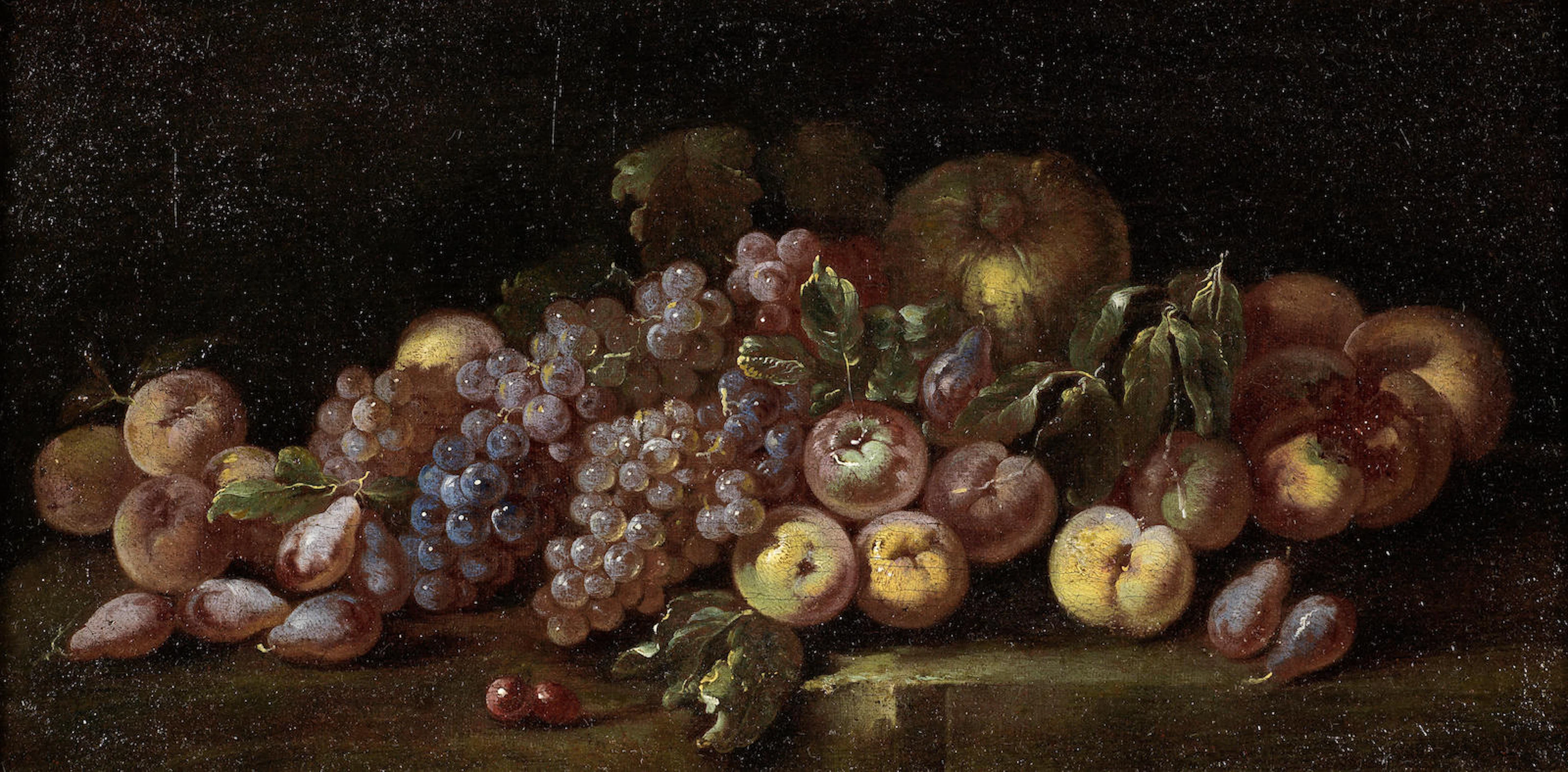 Grapes, plums, peaches and other fruit on a stone ledge