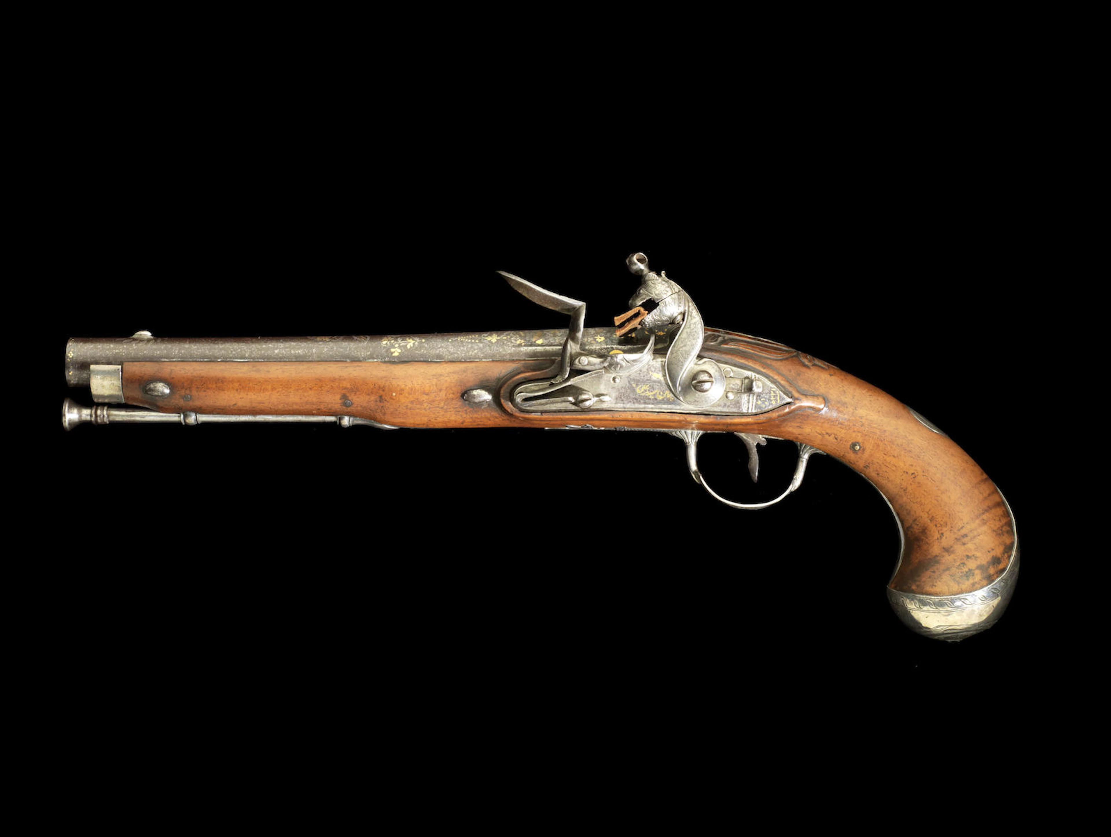 A silver-mounted Flintlock Pistol with left-hand lock, made for Tipu Sultan by Sayyid 'Ali, the Royal Workshop Seringapatam, dated Mawludi 1225/ AD 1796-97